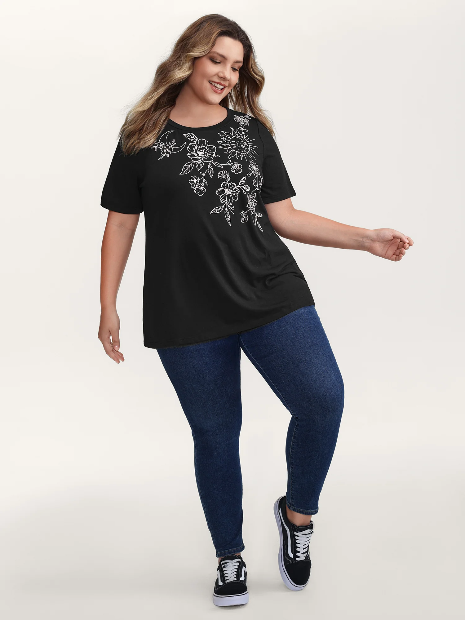 Floral Print Stretchy Round Neck T-Shirt - Image 3