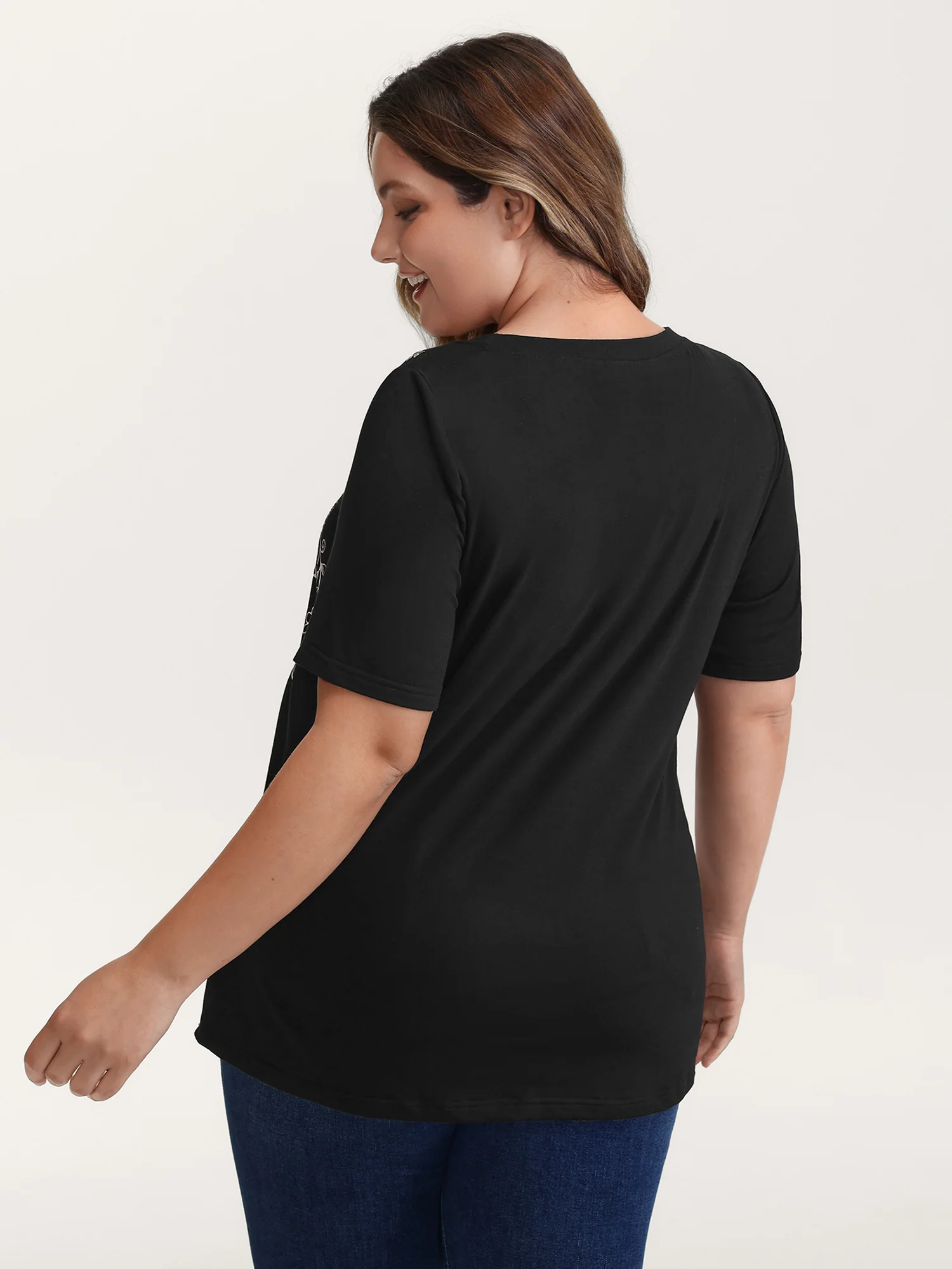 Floral Print Stretchy Round Neck T-Shirt - Image 5