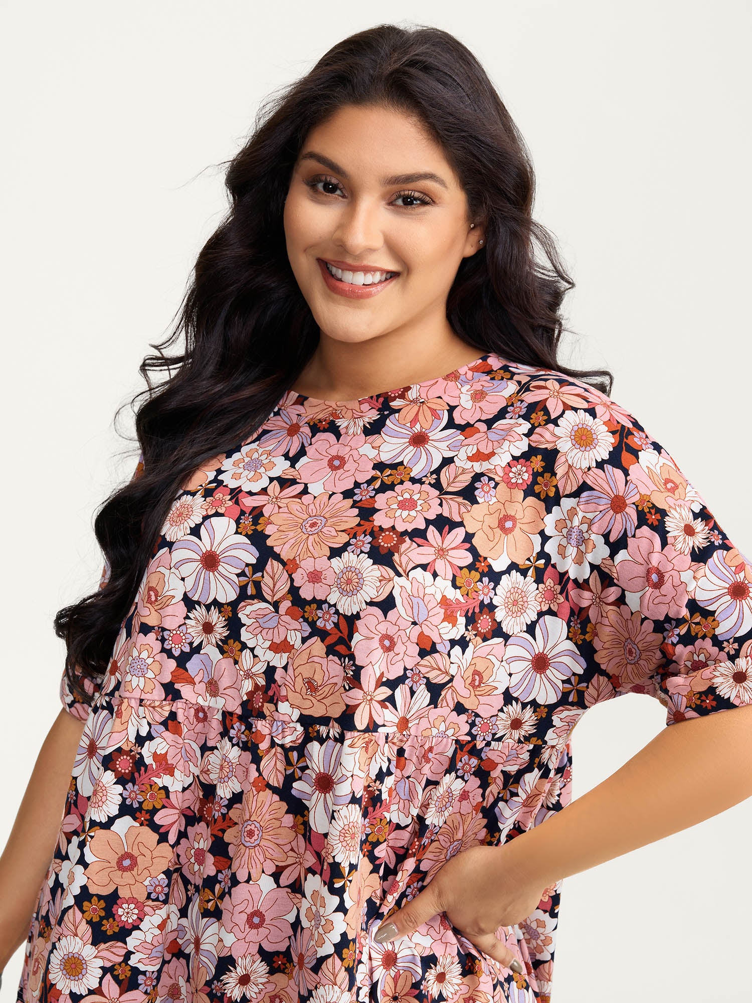 Floral Print Stretchy Waist Babydoll Top - Image 2
