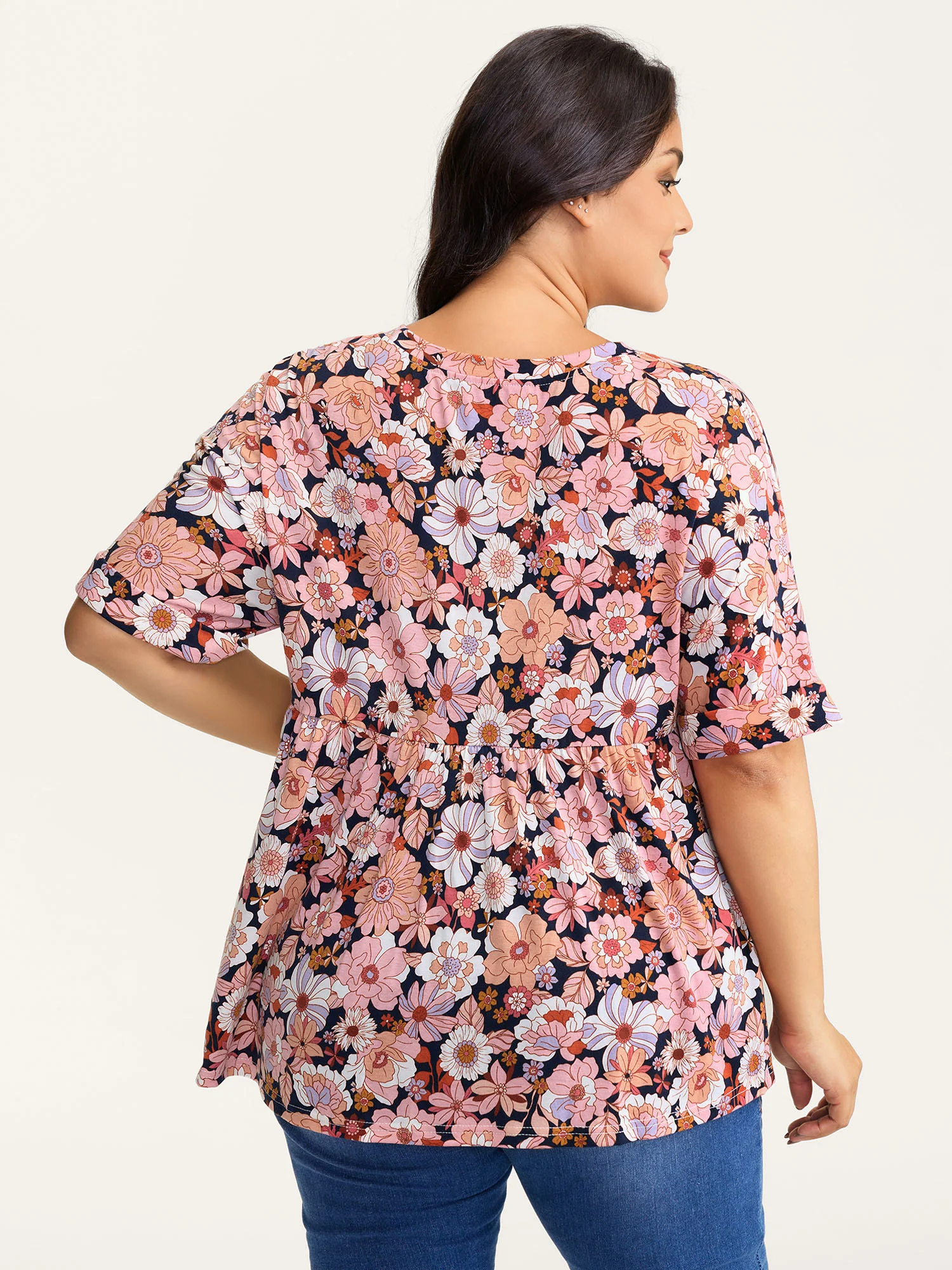 Floral Print Stretchy Waist Babydoll Top - Image 4