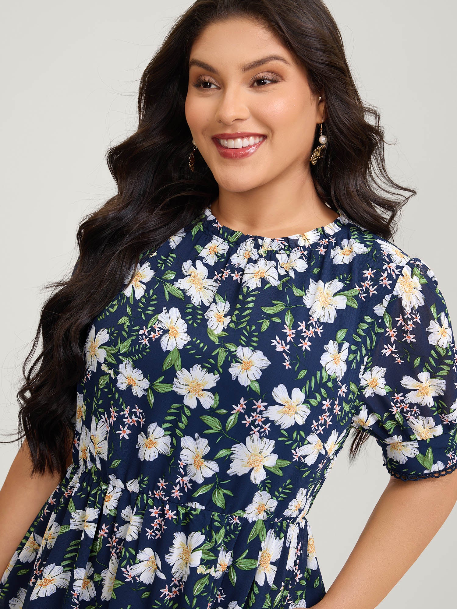 Floral Print Stretchy Waist Lace Midi Dress - Image 2