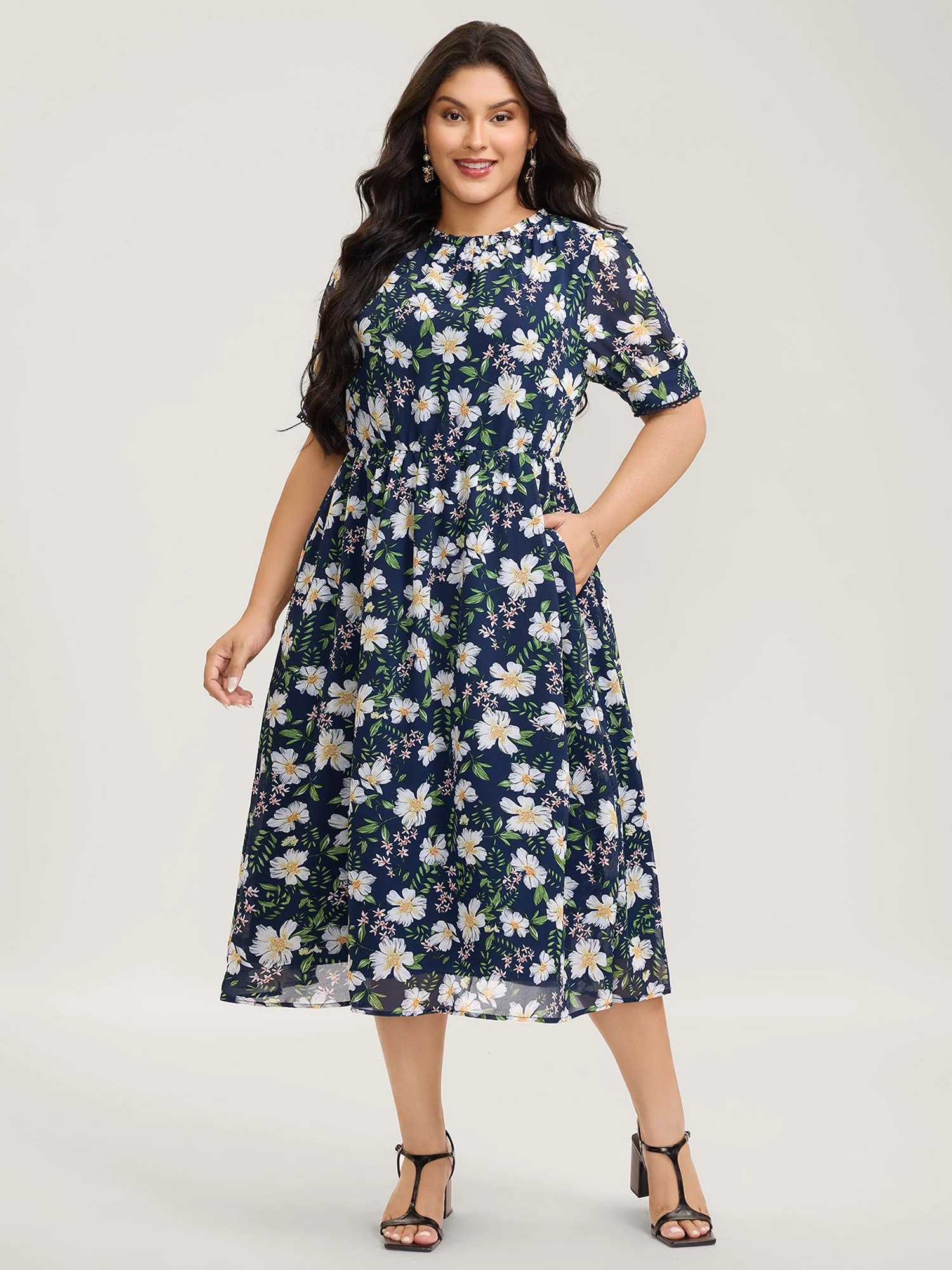 Floral Print Stretchy Waist Lace Midi Dress - Image 3