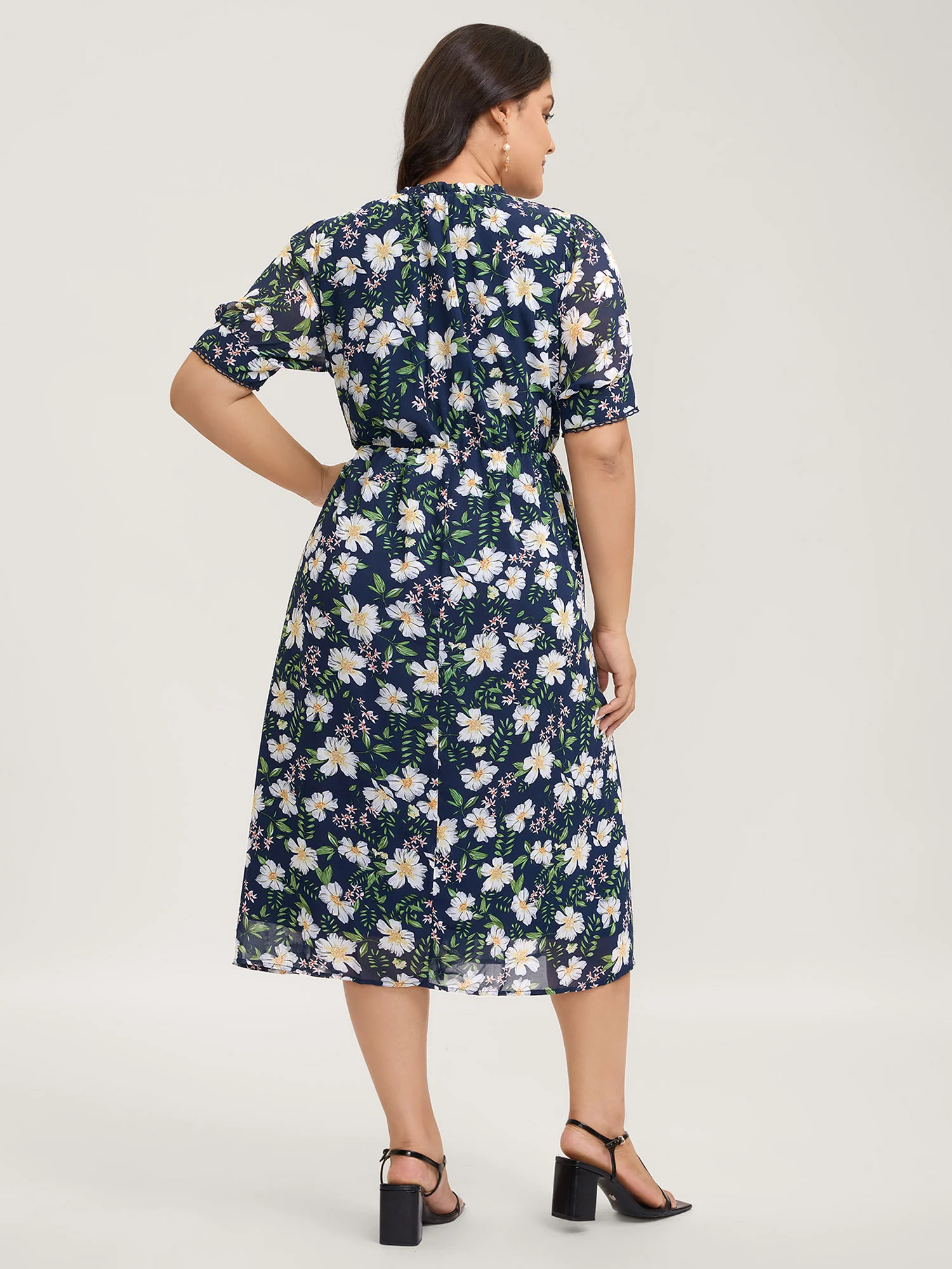 Floral Print Stretchy Waist Lace Midi Dress - Image 4