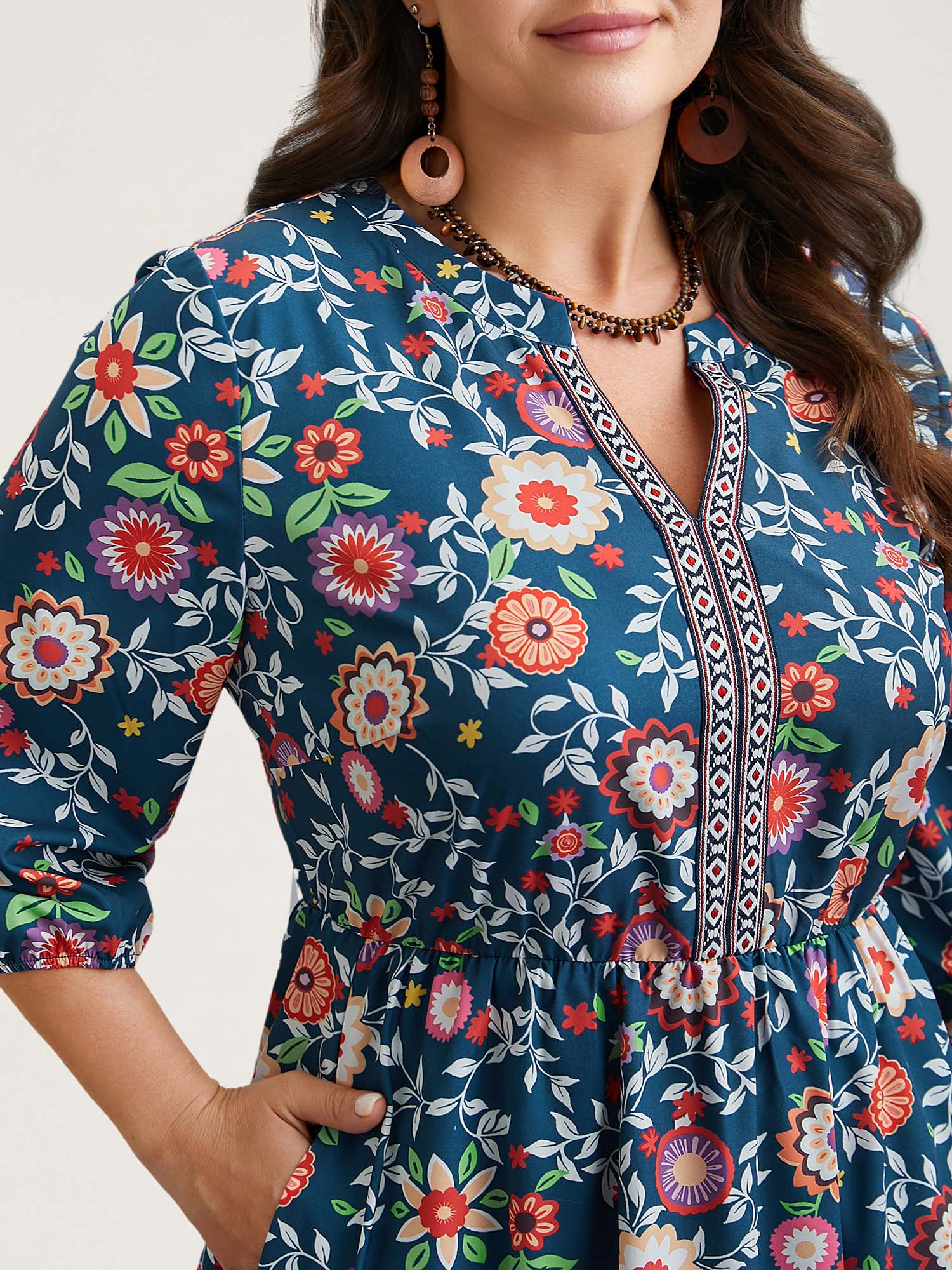 Floral Print Stretchy-Waist Pockets Midi Dress - Image 2