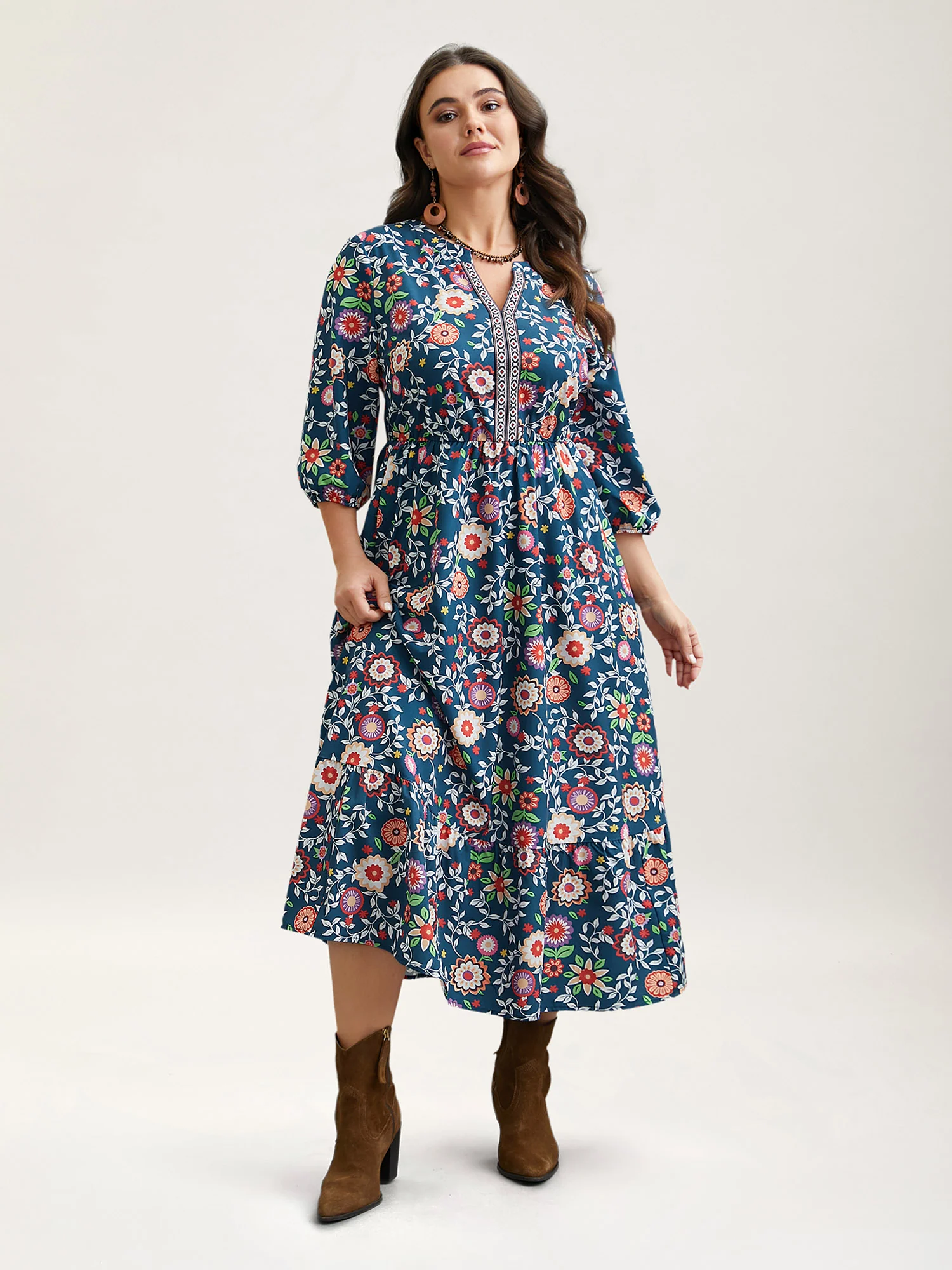 Floral Print Stretchy-Waist Pockets Midi Dress - Image 3