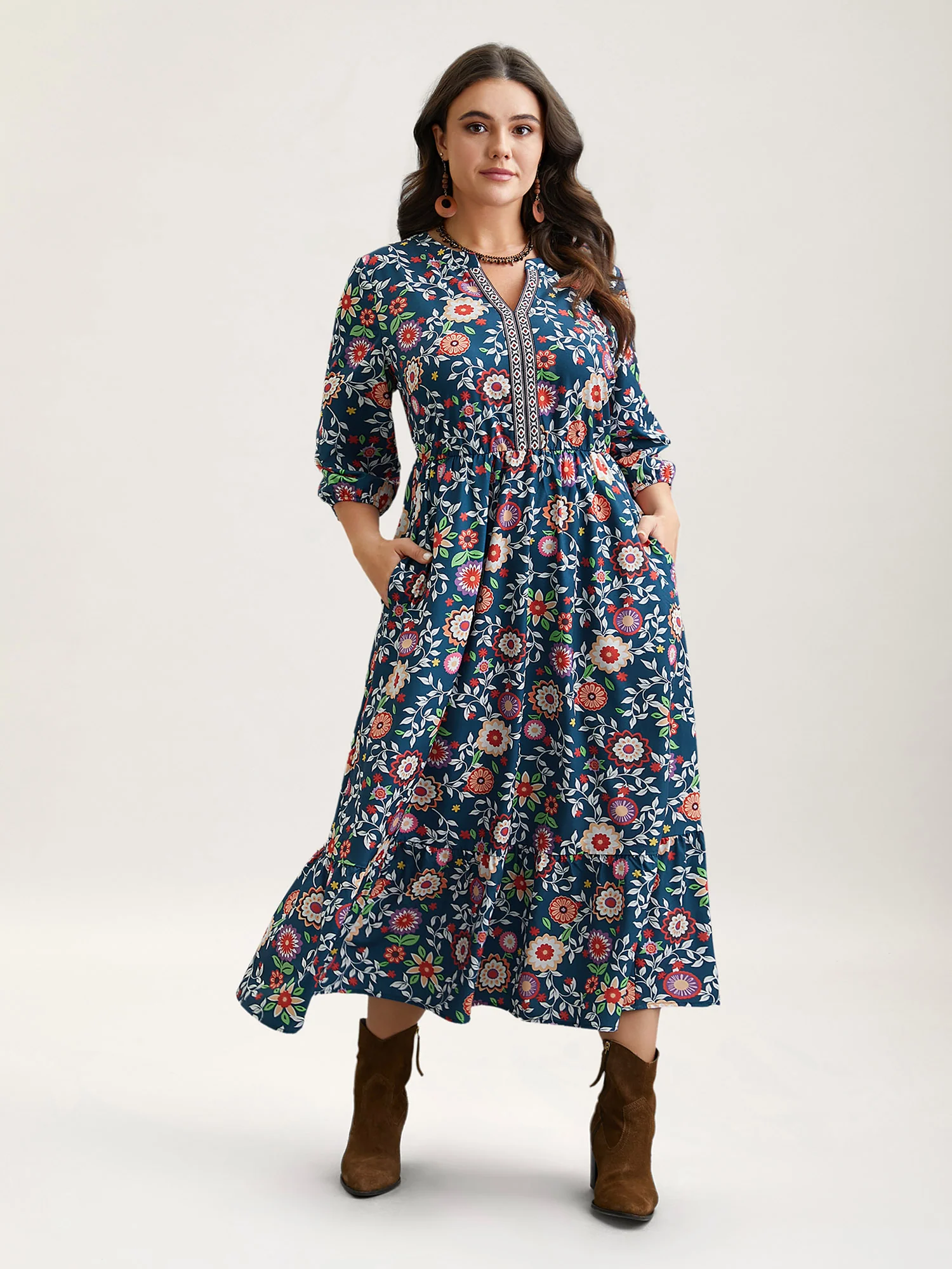 Floral Print Stretchy-Waist Pockets Midi Dress - Image 4