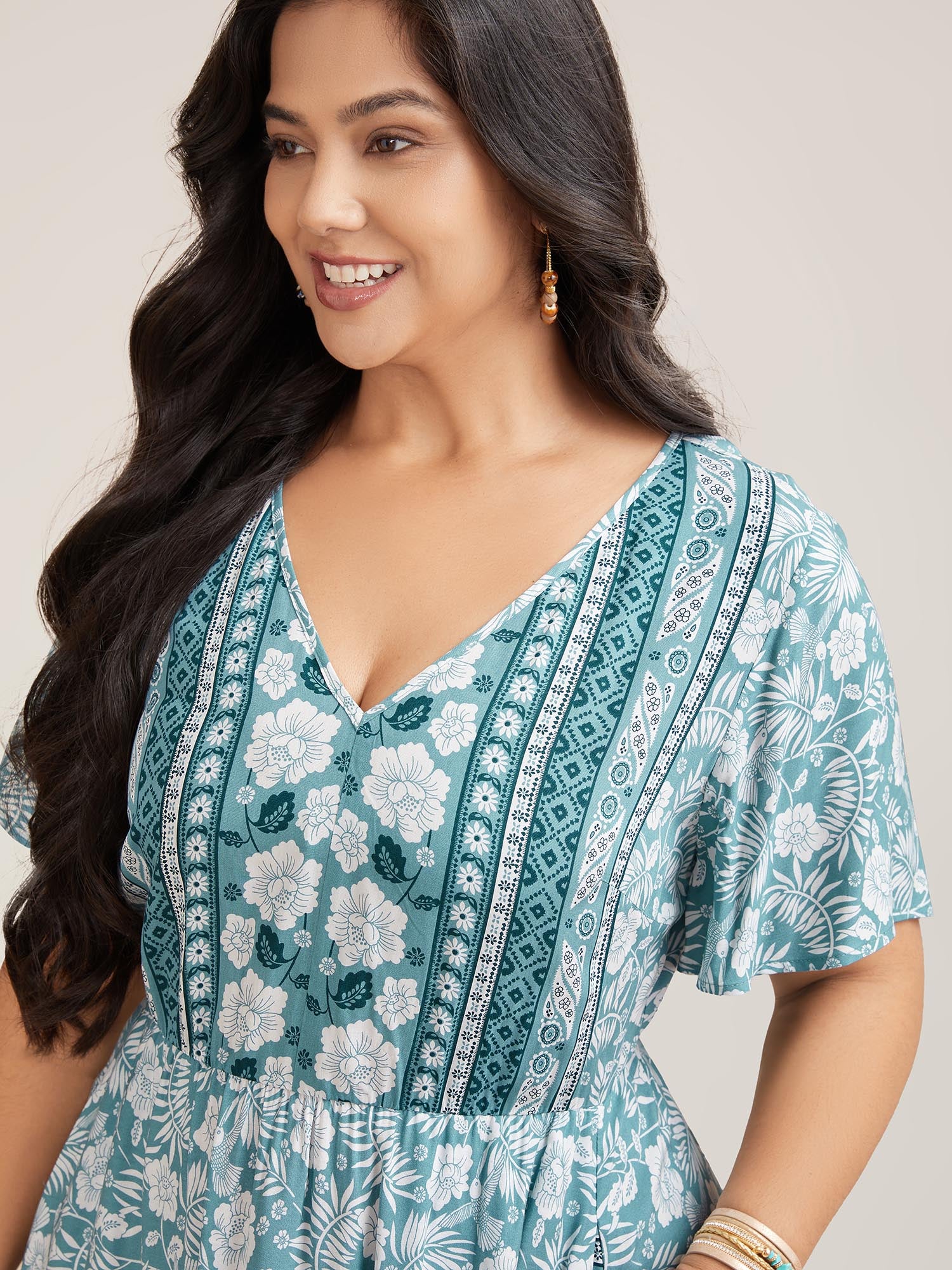 Floral Print Stretchy Waist Pockets Midi Dress - Image 2