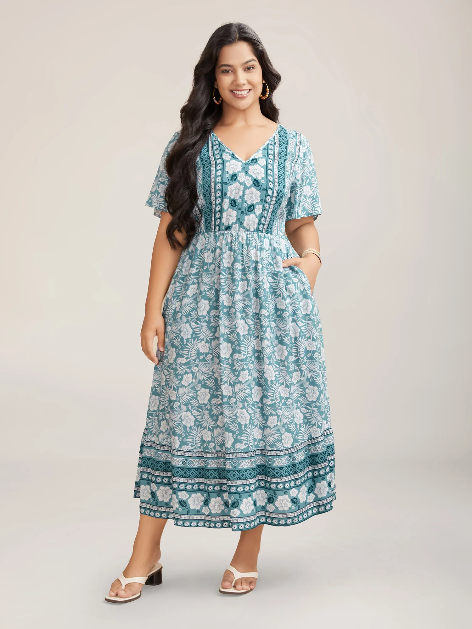 Floral Print Stretchy Waist Pockets Midi Dress - Image 3