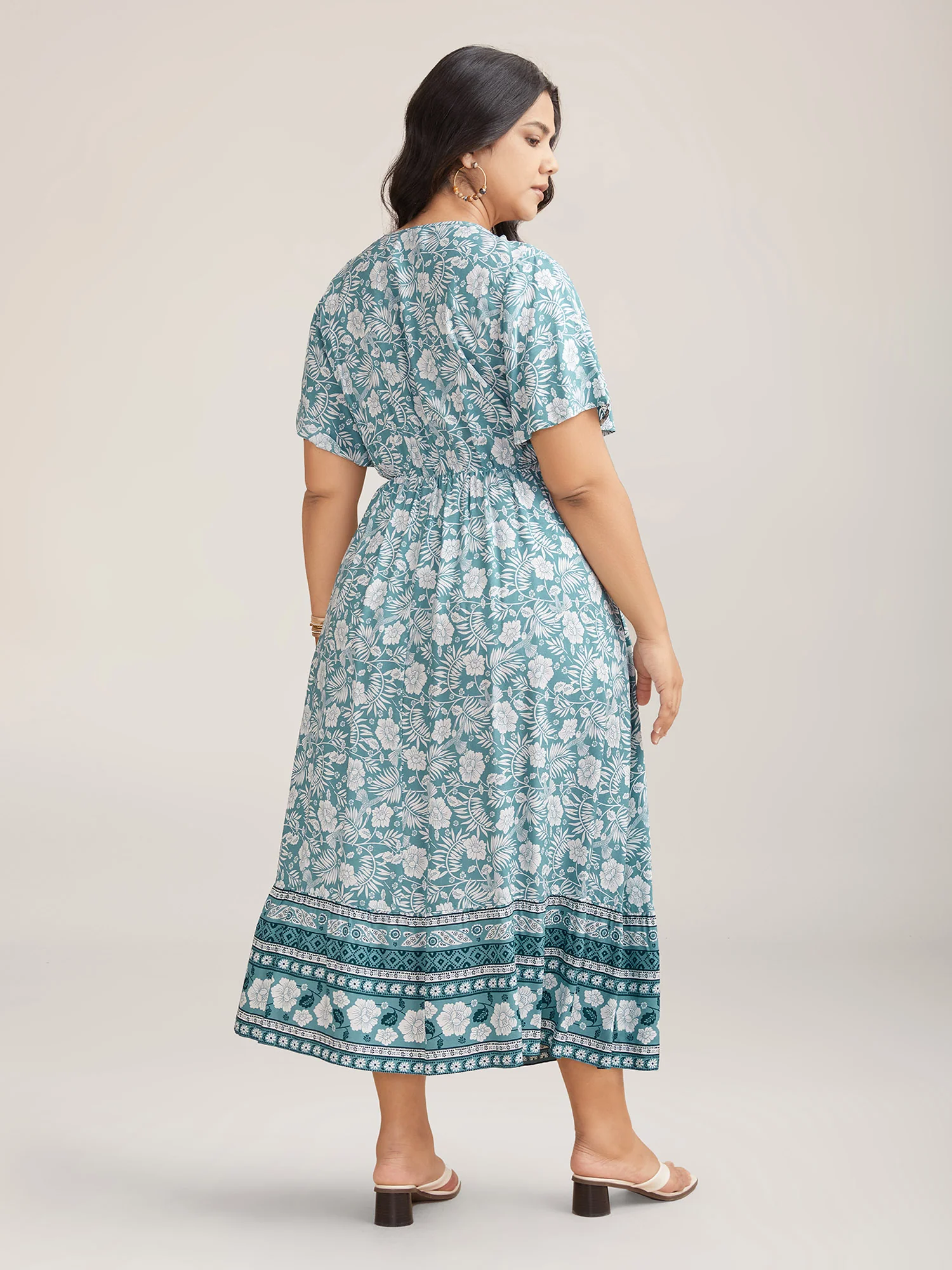 Floral Print Stretchy Waist Pockets Midi Dress - Image 4