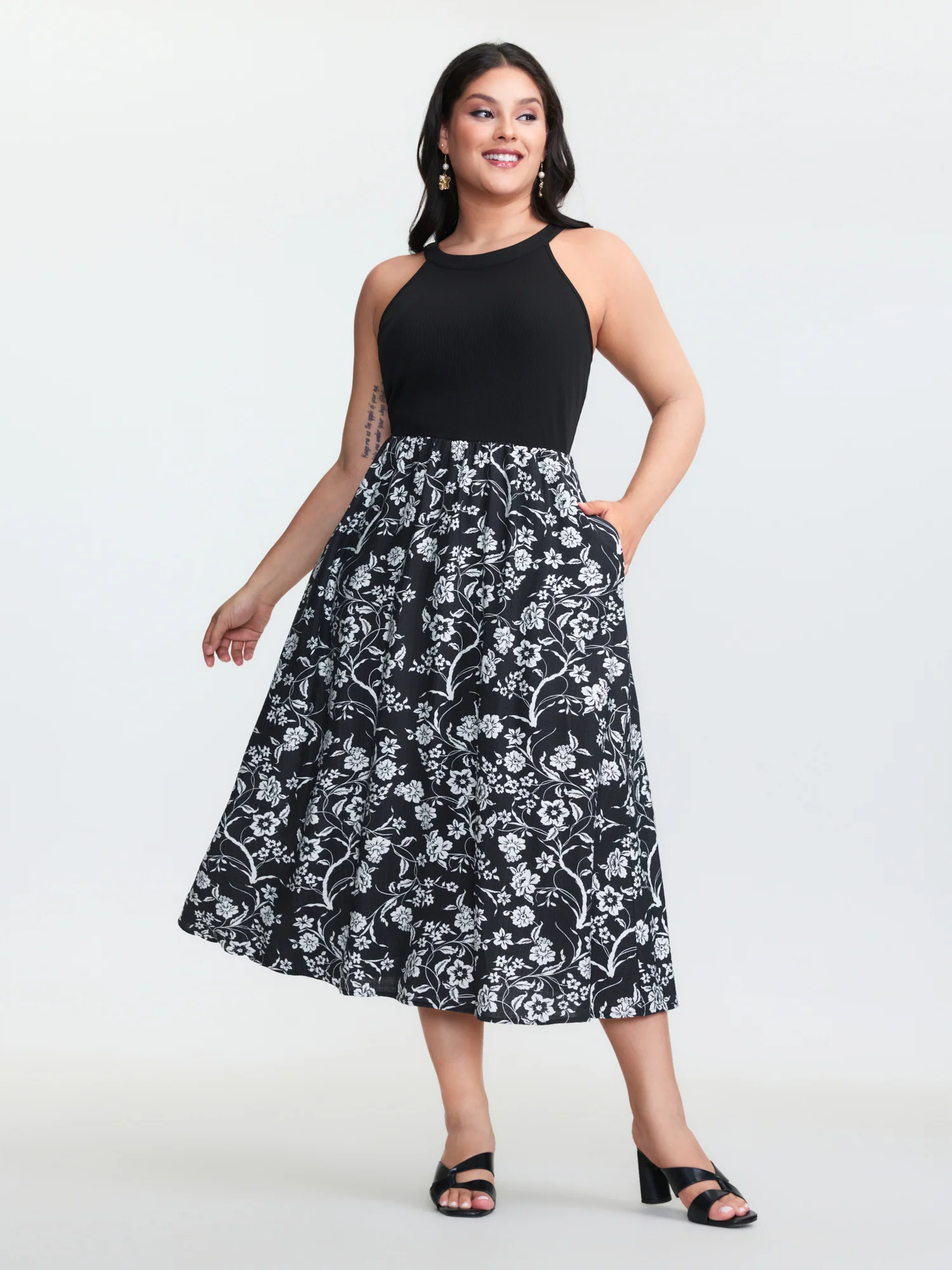 Floral Print Stretchy Waist Pockets Midi Dress - Image 3