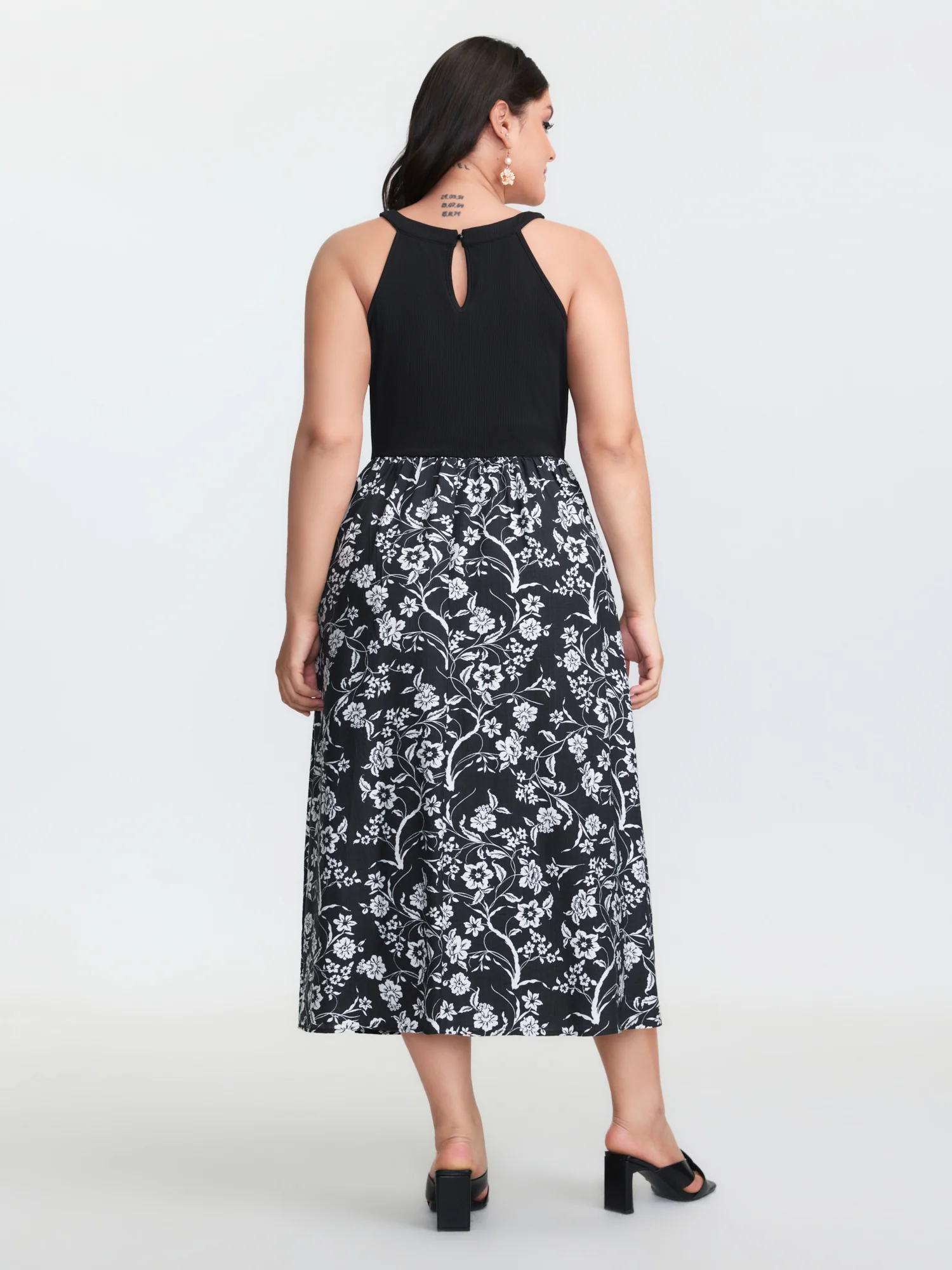 Floral Print Stretchy Waist Pockets Midi Dress - Image 4