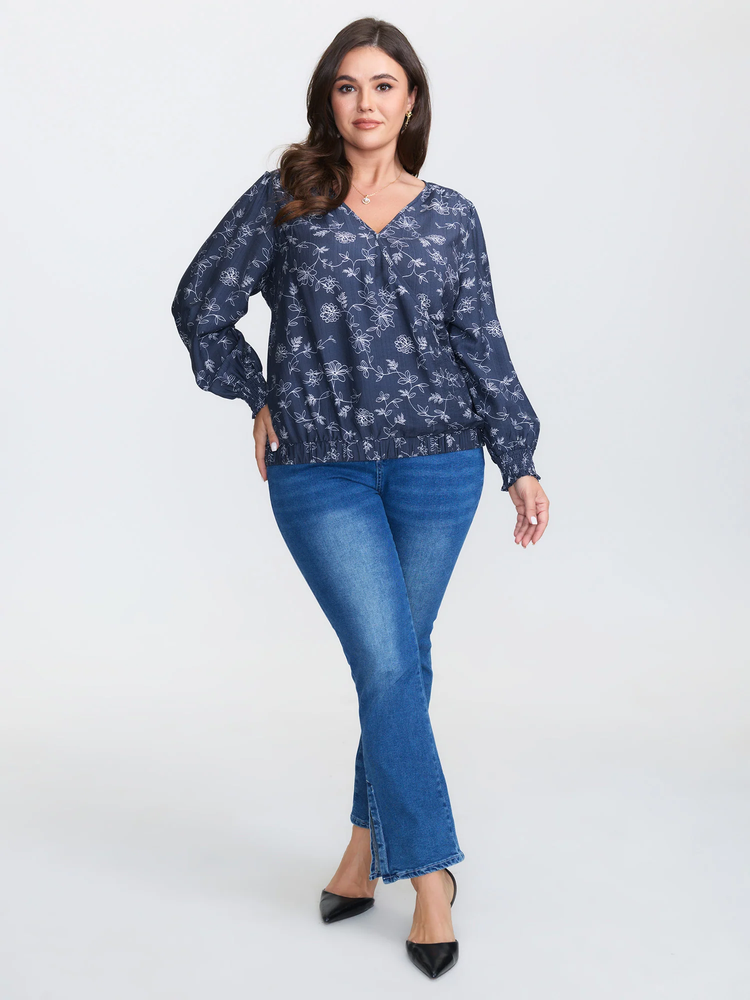 Floral Print Surplice Neck Blouse - Image 2