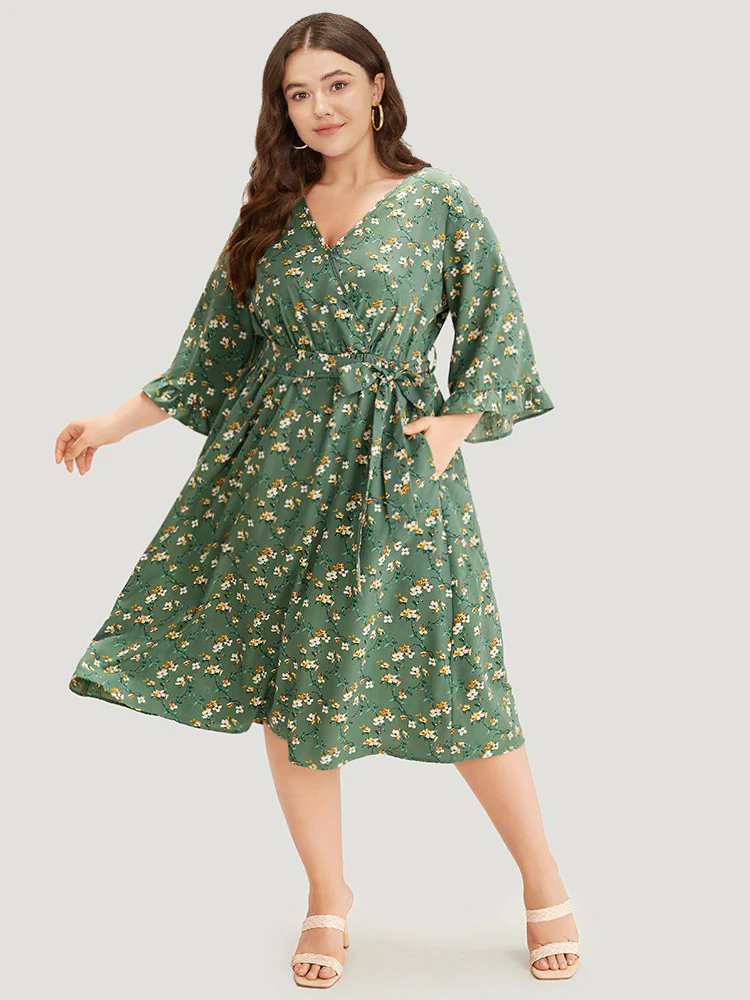 Floral Print Surplice Neck Flutter Trim Dress - Image 2