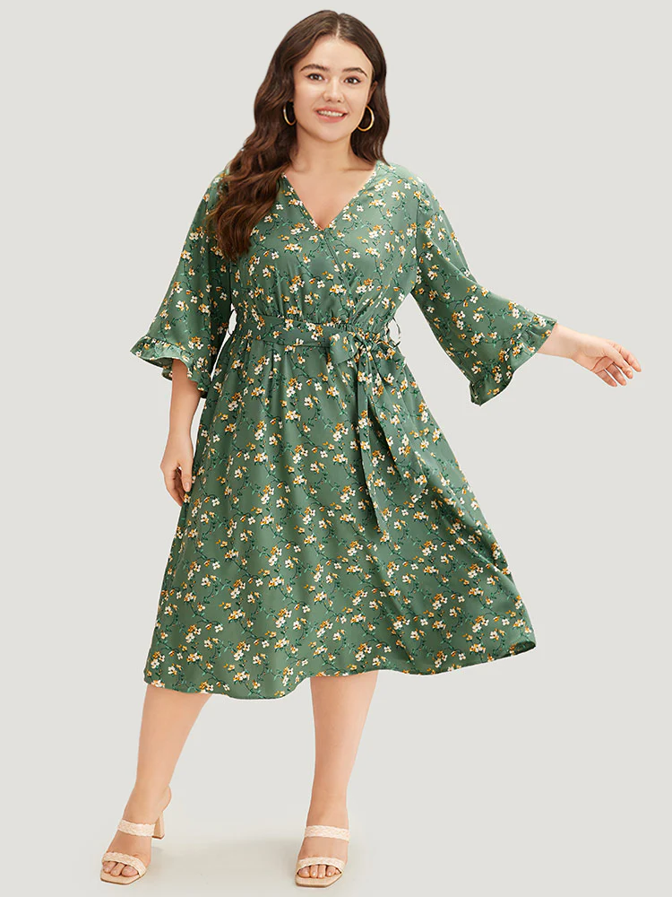 Floral Print Surplice Neck Flutter Trim Dress - Image 3
