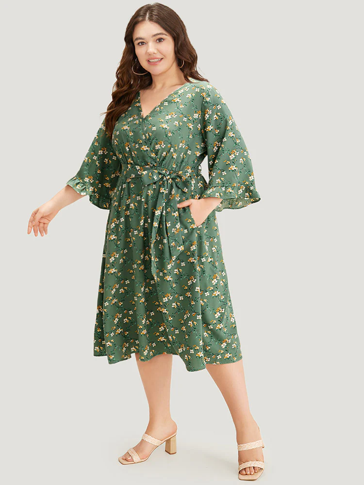 Floral Print Surplice Neck Flutter Trim Dress - Image 4