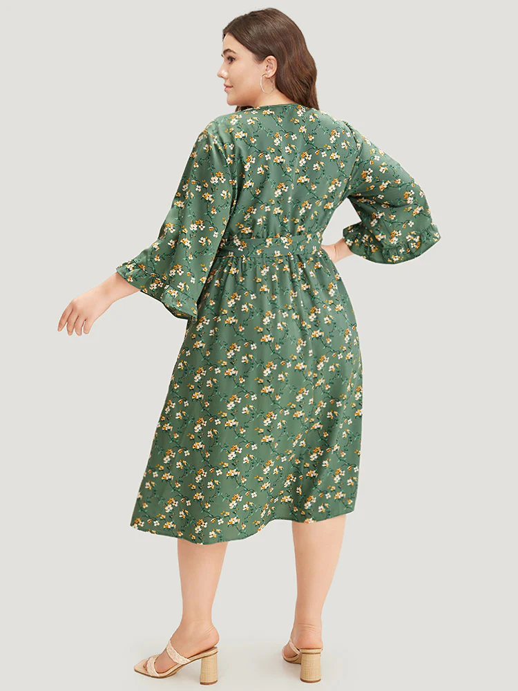 Floral Print Surplice Neck Flutter Trim Dress - Image 5