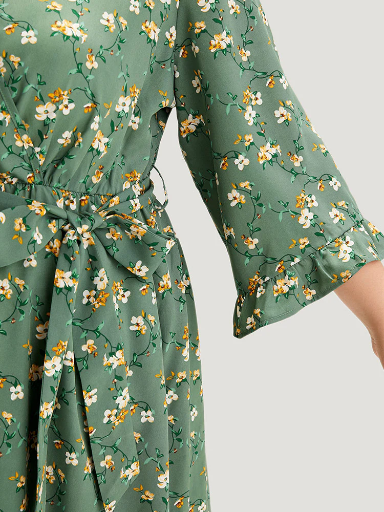 Floral Print Surplice Neck Flutter Trim Dress - Image 8