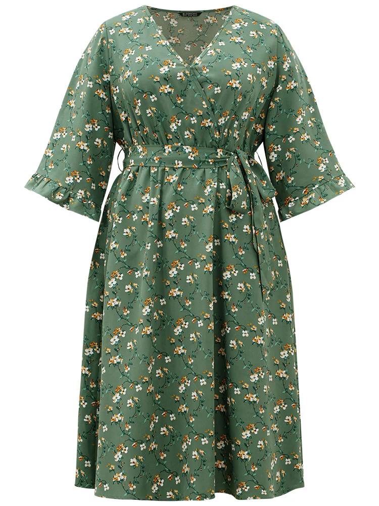 Floral Print Surplice Neck Flutter Trim Dress - Image 9