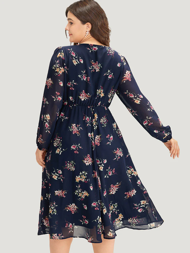 Floral Print Surplice Neck Lantern Sleeve Mesh Dress - Image 2