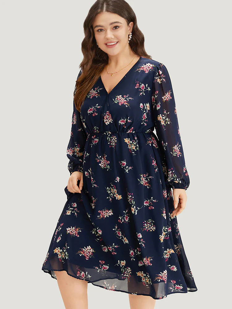 Floral Print Surplice Neck Lantern Sleeve Mesh Dress - Image 3