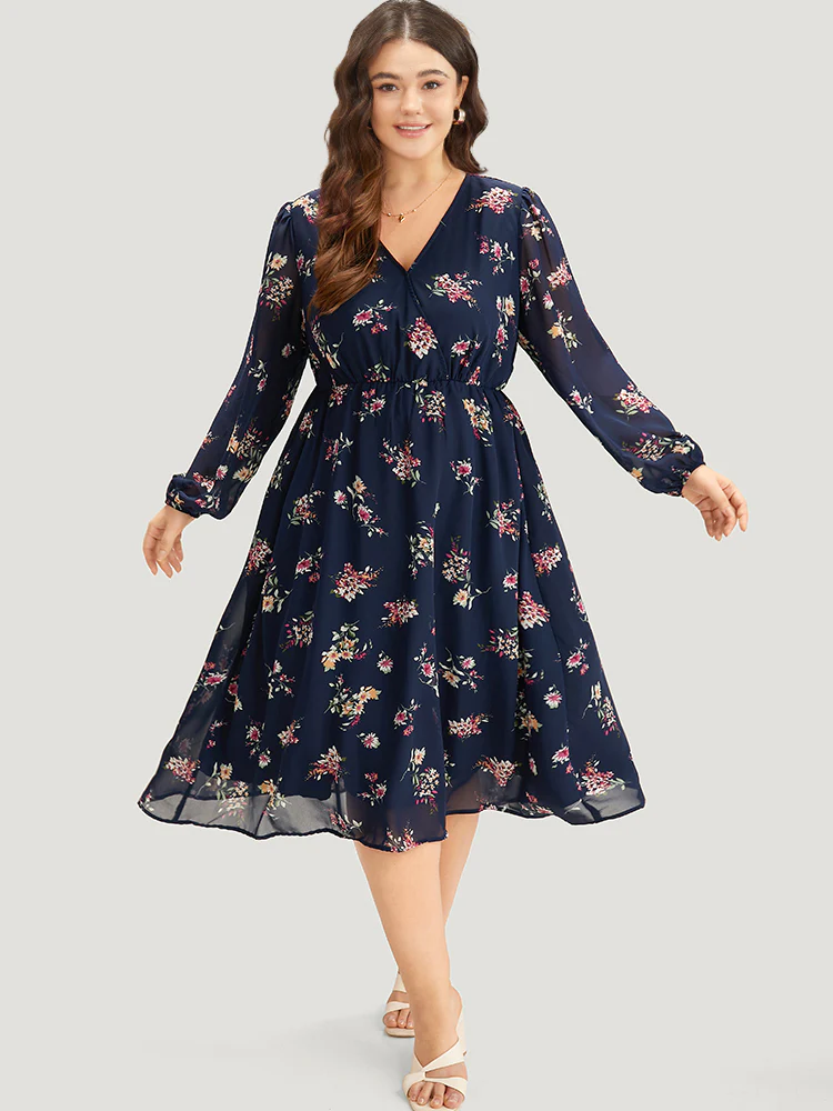 Floral Print Surplice Neck Lantern Sleeve Mesh Dress - Image 4