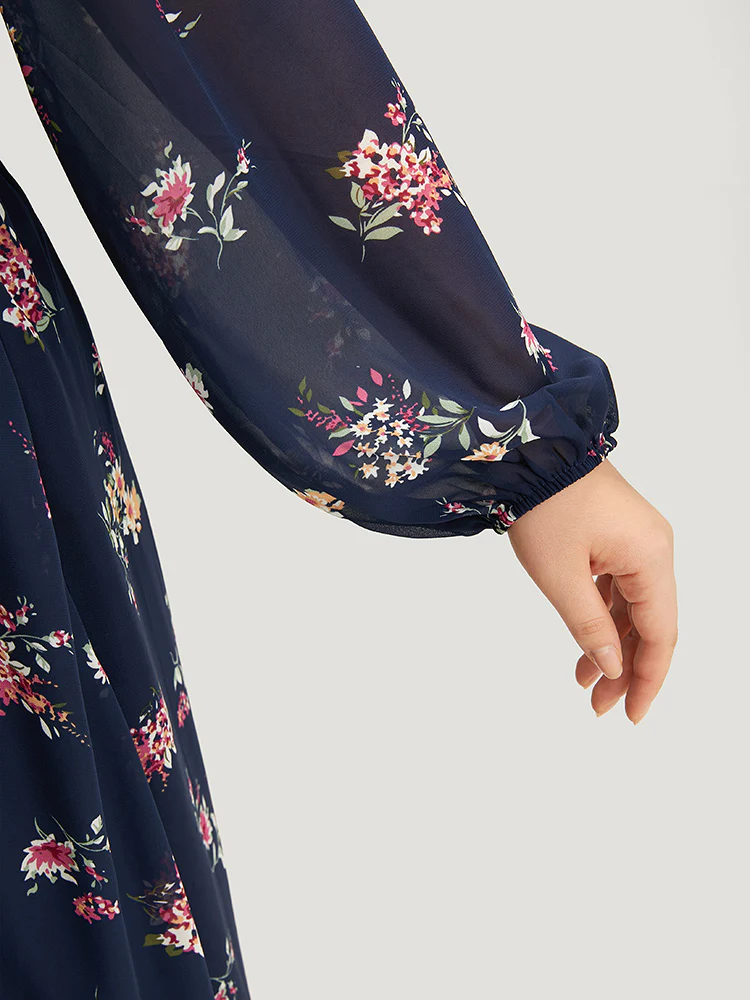 Floral Print Surplice Neck Lantern Sleeve Mesh Dress - Image 6