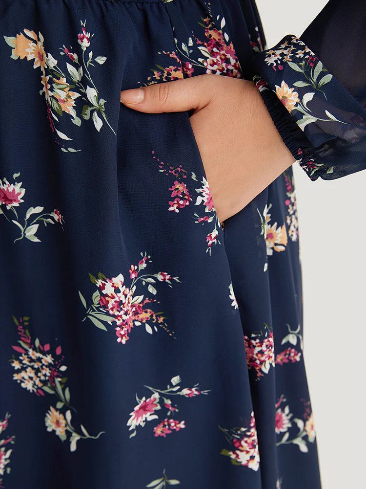 Floral Print Surplice Neck Lantern Sleeve Mesh Dress - Image 7