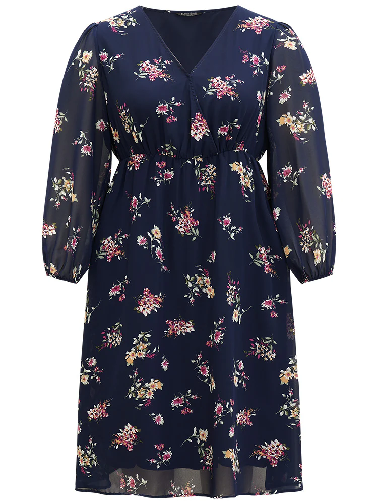 Floral Print Surplice Neck Lantern Sleeve Mesh Dress - Image 8