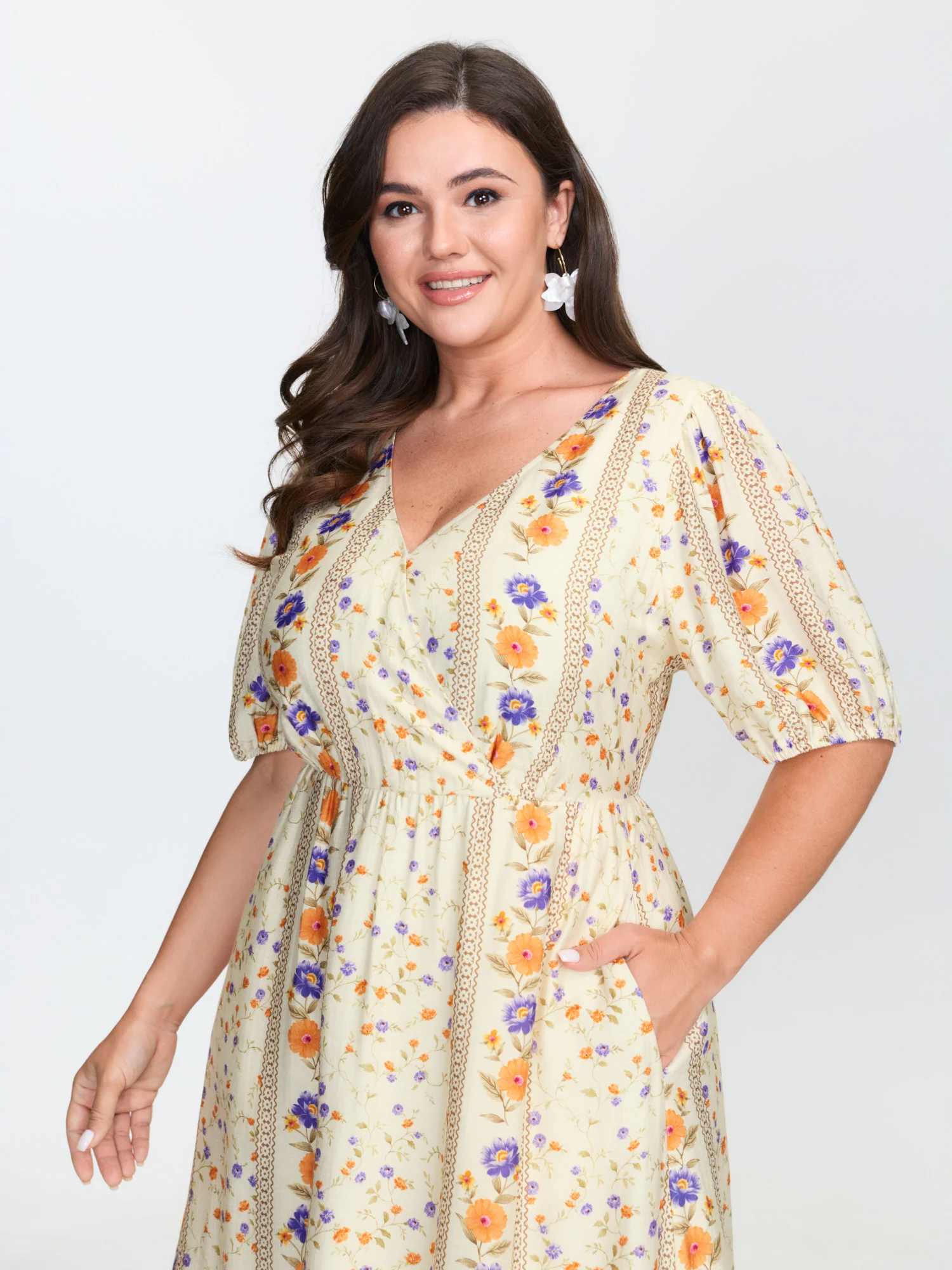 Floral Print Surplice Neck Tie Midi Dress - Image 2