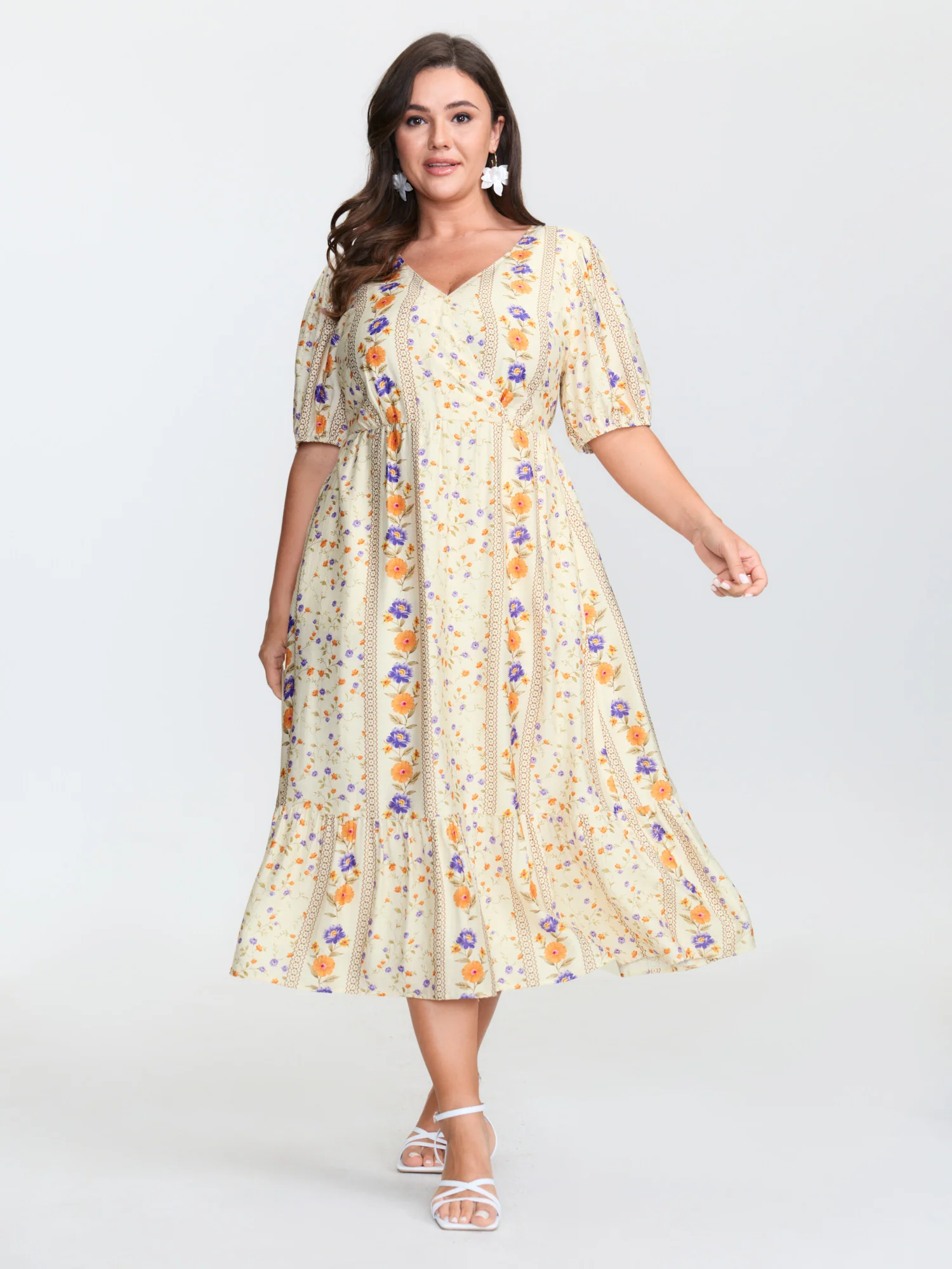 Floral Print Surplice Neck Tie Midi Dress - Image 3