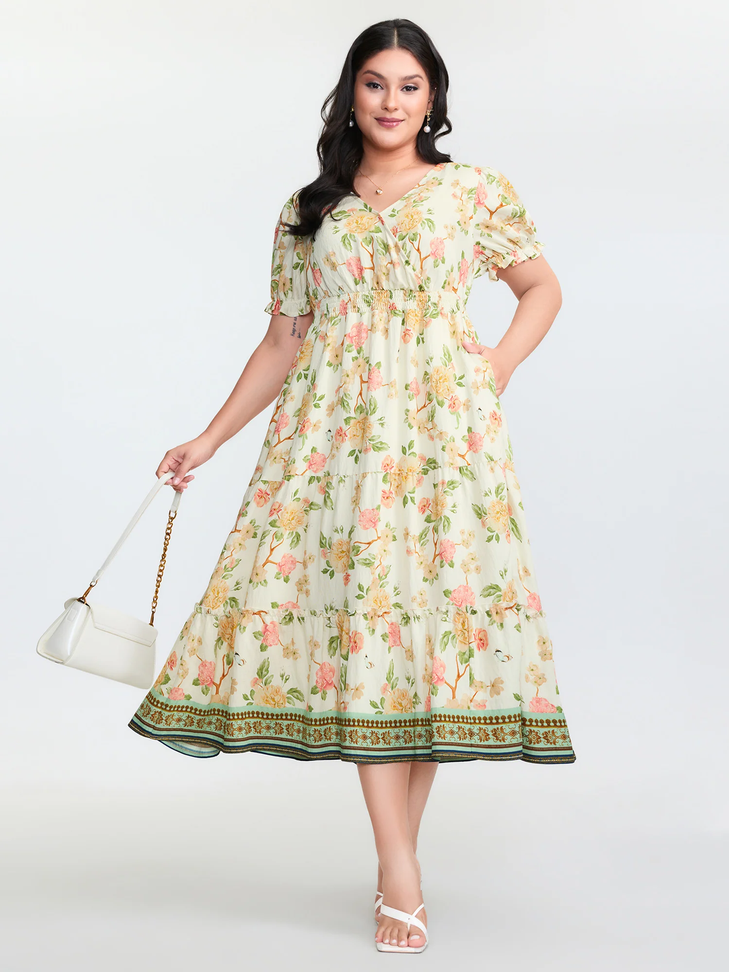 Floral Print Surplice Neckline Midi Dress - Image 3