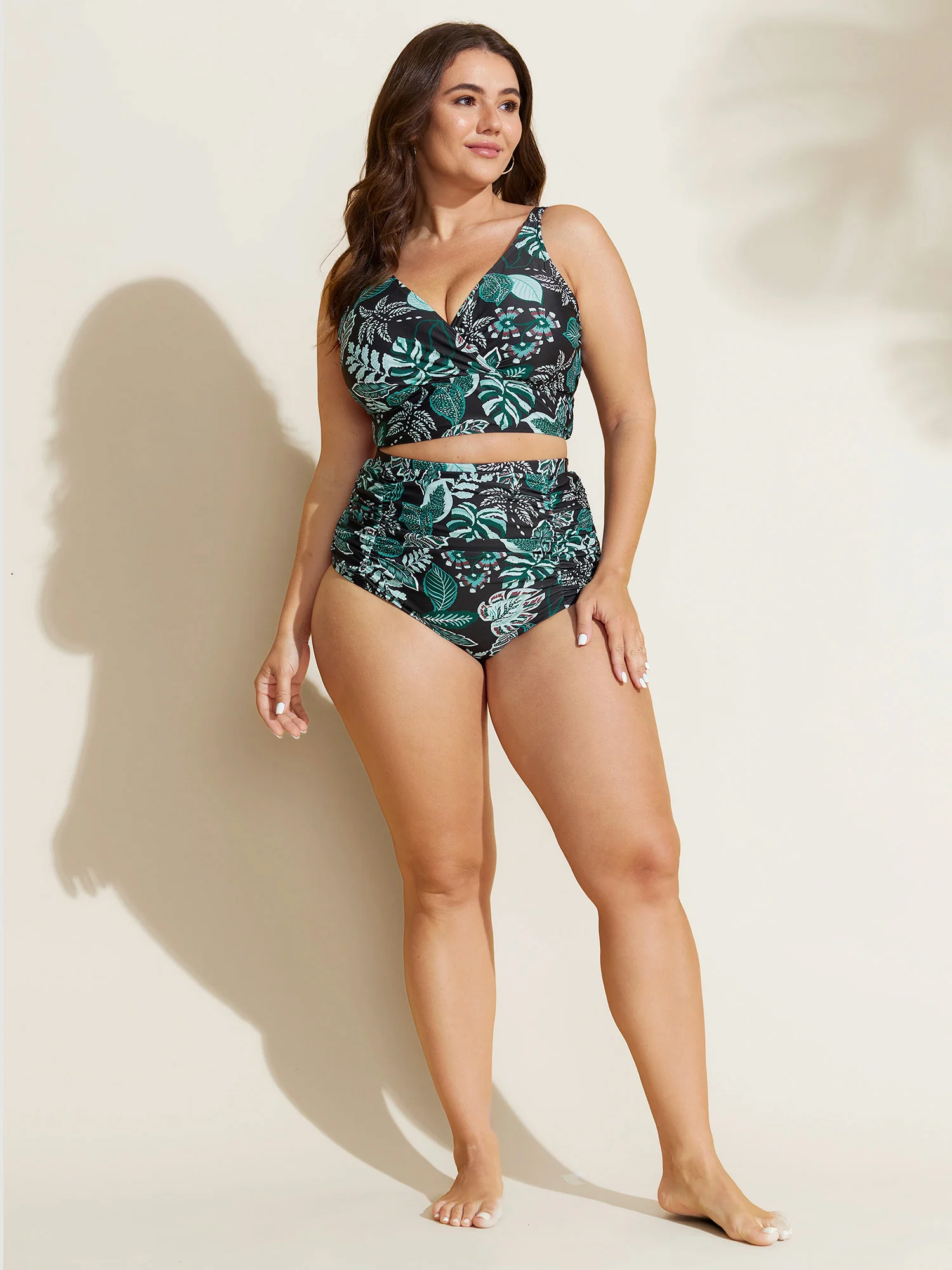 Tropical Print Surplice Neckline Bikini Top - Image 3
