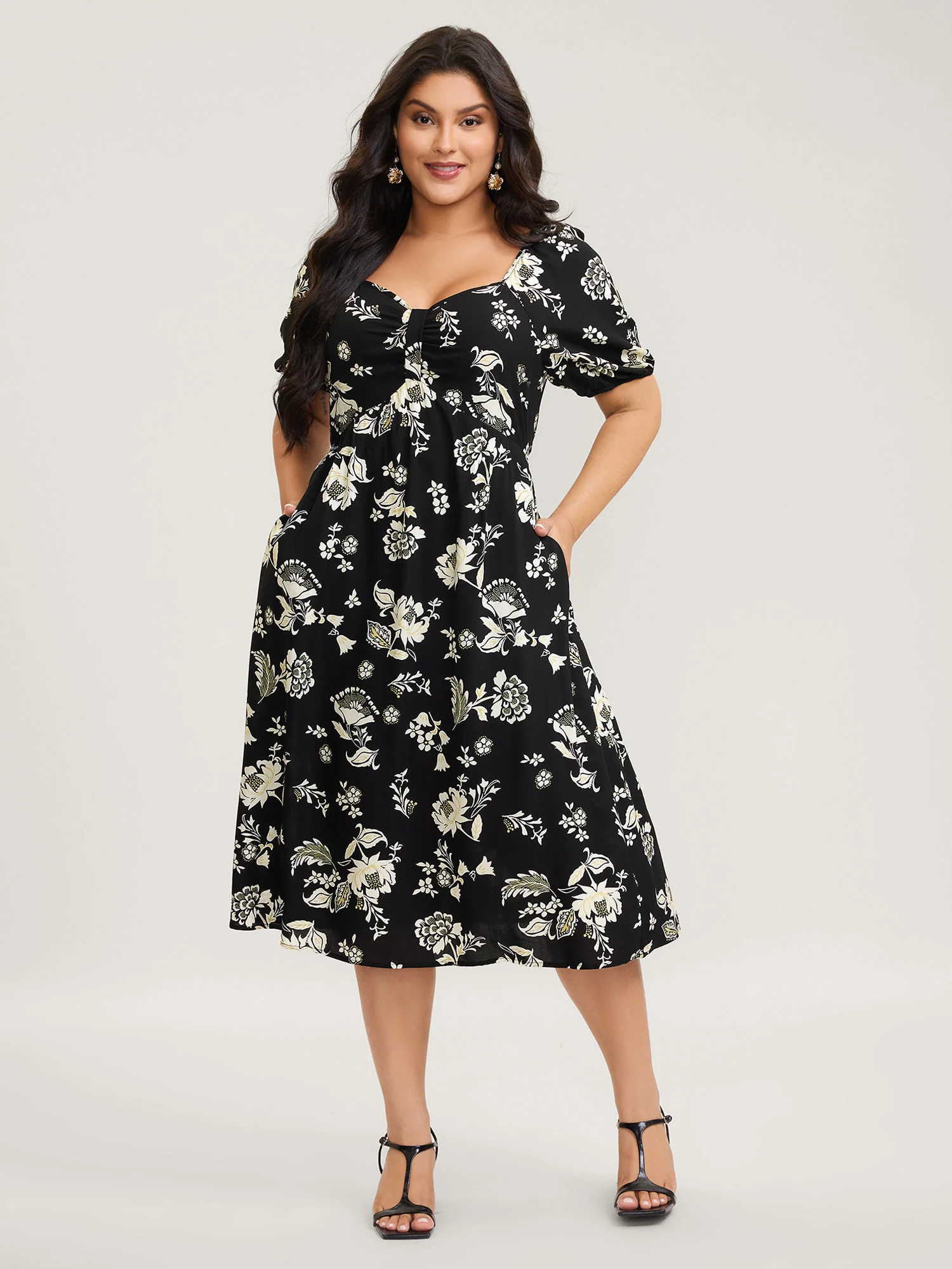 Floral Print Sweetheart Neck Midi Dress - Image 3
