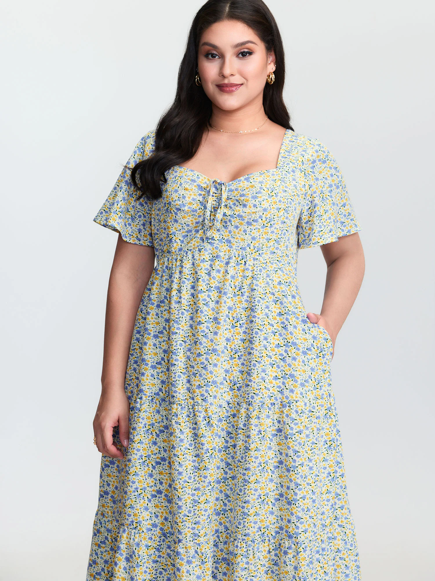 Floral Print Sweetheart Neckline Midi Dress - Image 2