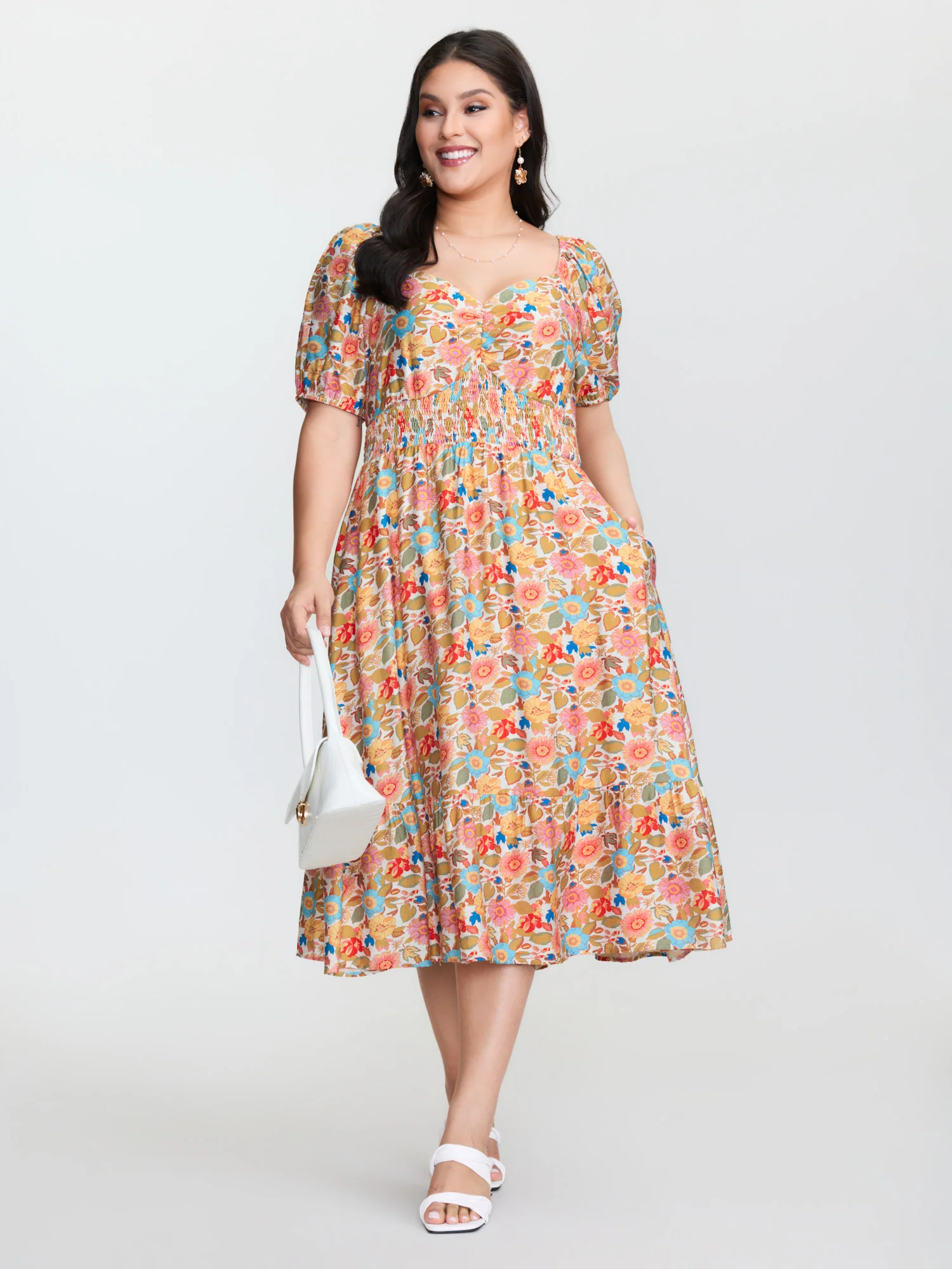 Floral Print Sweetheart Neckline Midi Dress - Image 3
