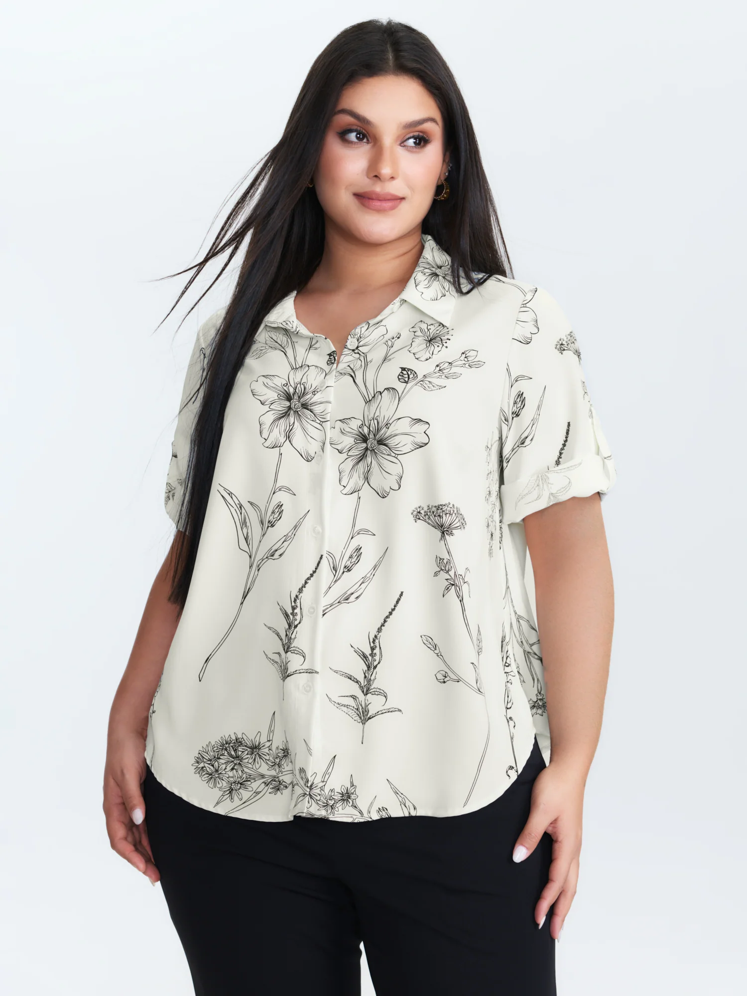 Floral Print Tab Sleeve Button-Down Blouse