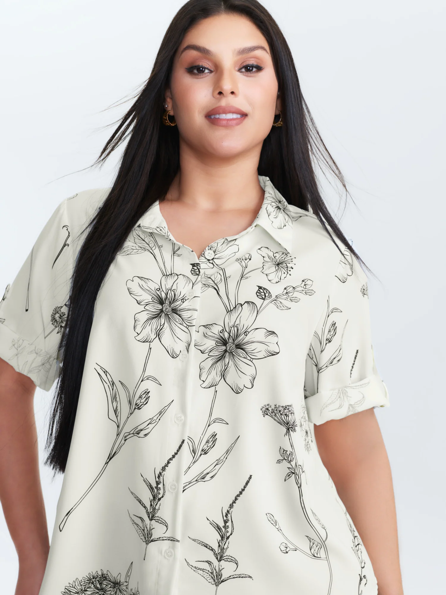 Floral Print Tab Sleeve Button-Down Blouse - Image 2