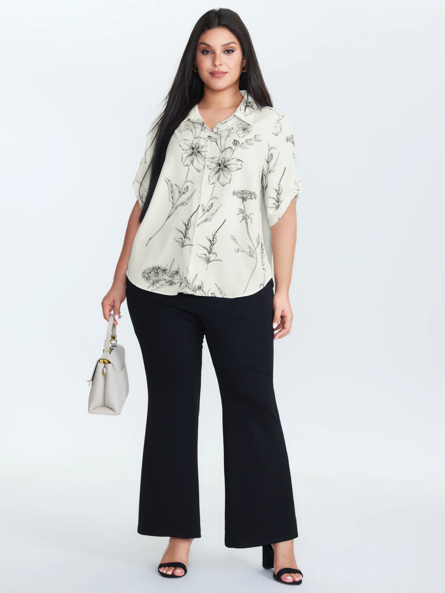Floral Print Tab Sleeve Button-Down Blouse - Image 3