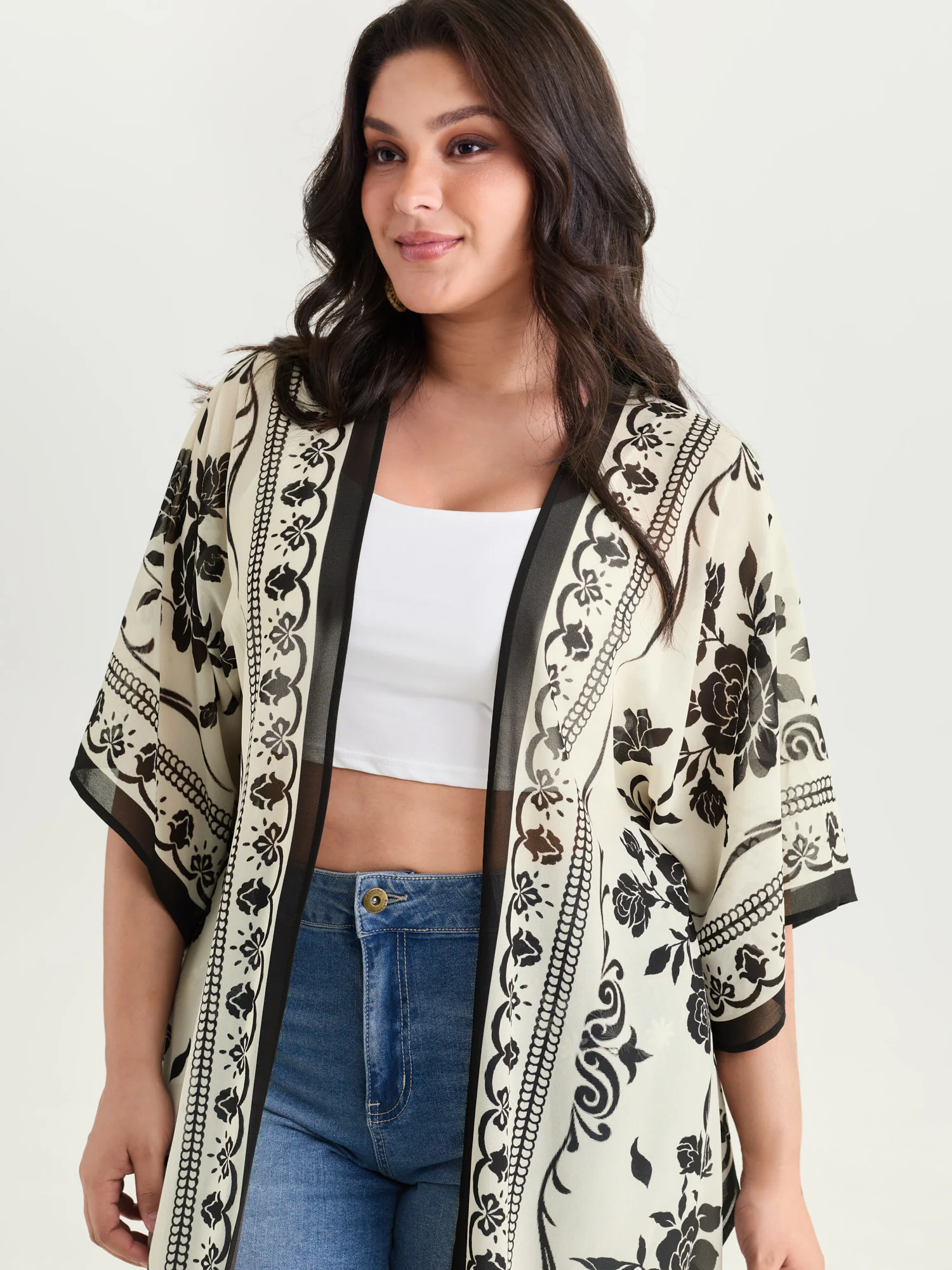 Floral Print Tassel Hem Open-Front Kimono - Image 2