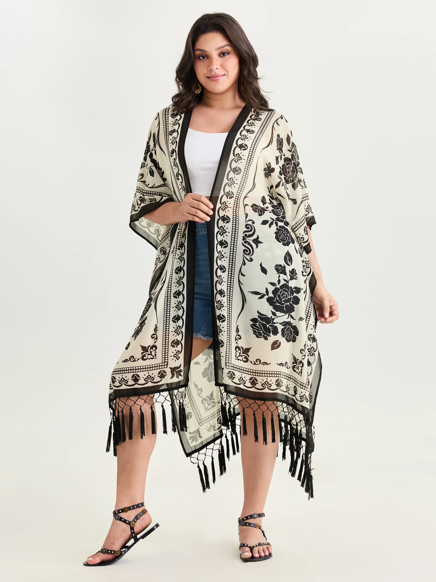 Floral Print Tassel Hem Open-Front Kimono - Image 3