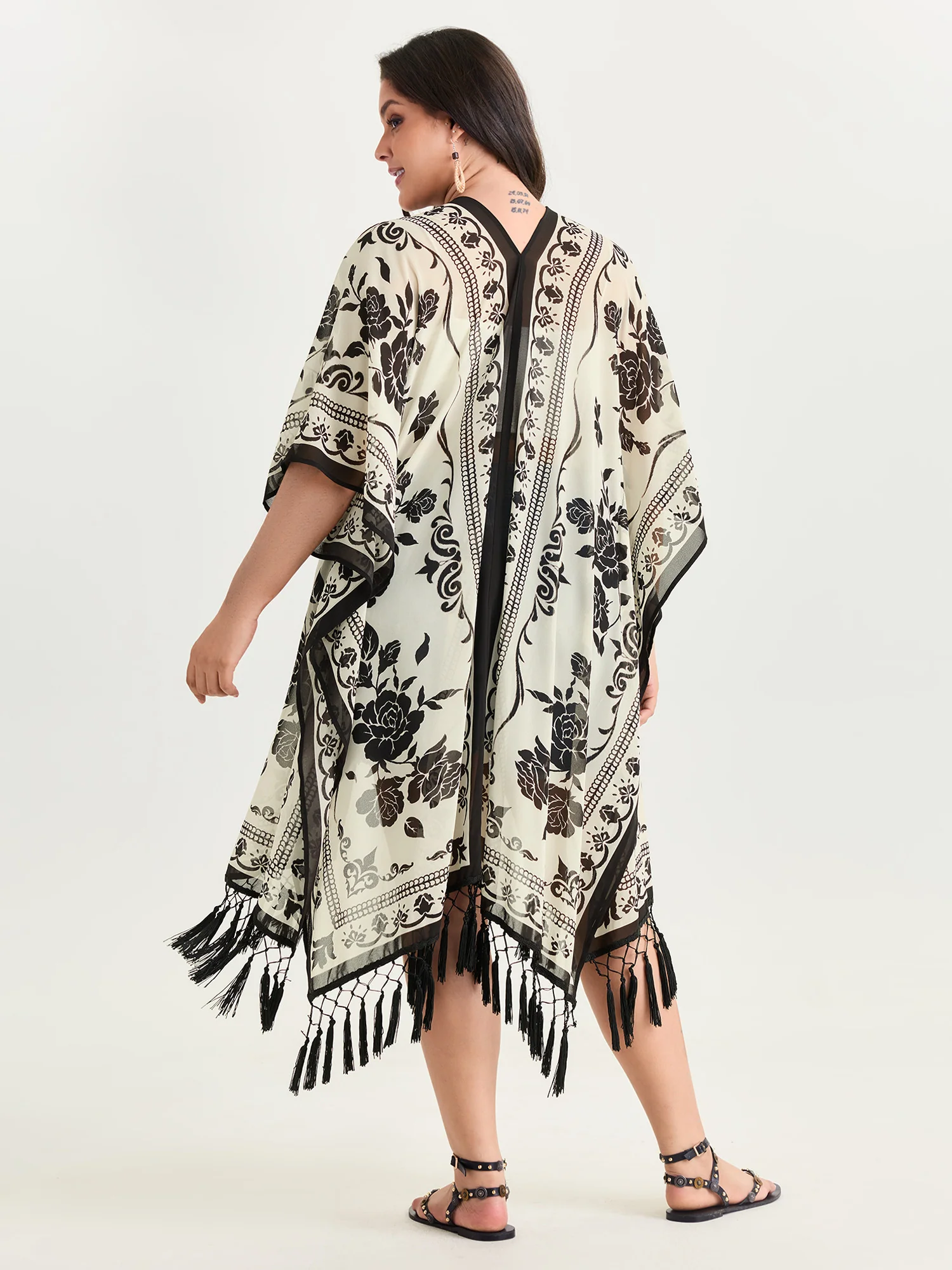 Floral Print Tassel Hem Open-Front Kimono - Image 4