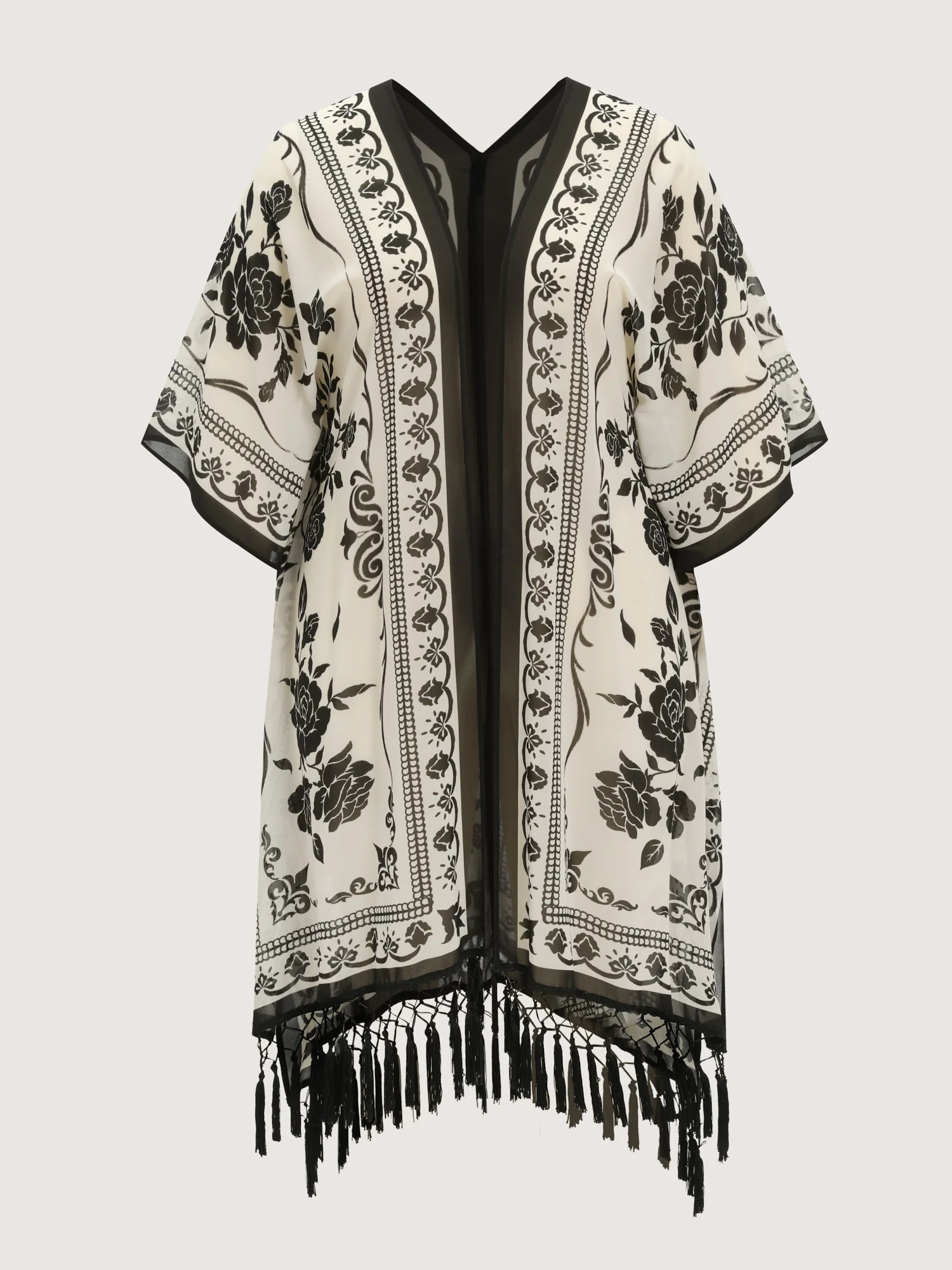 Floral Print Tassel Hem Open-Front Kimono - Image 6