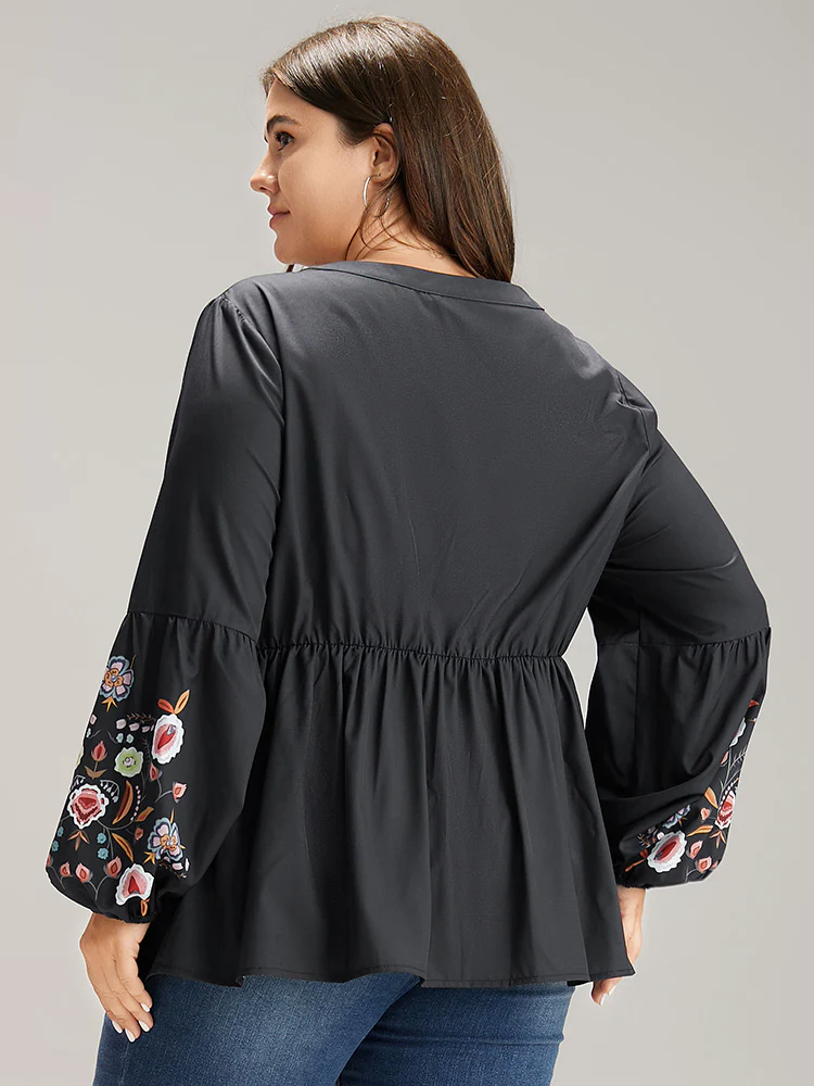 Floral Print Tassels Knot Neck Lantern Sleeve Blouse - Image 2
