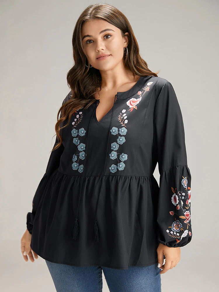 Floral Print Tassels Knot Neck Lantern Sleeve Blouse - Image 3