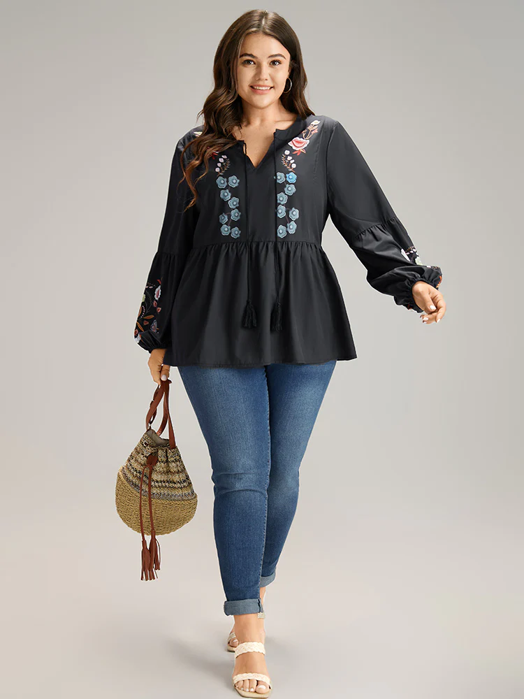 Floral Print Tassels Knot Neck Lantern Sleeve Blouse - Image 4