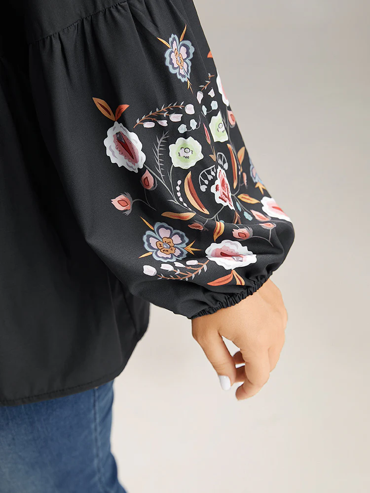 Floral Print Tassels Knot Neck Lantern Sleeve Blouse - Image 5