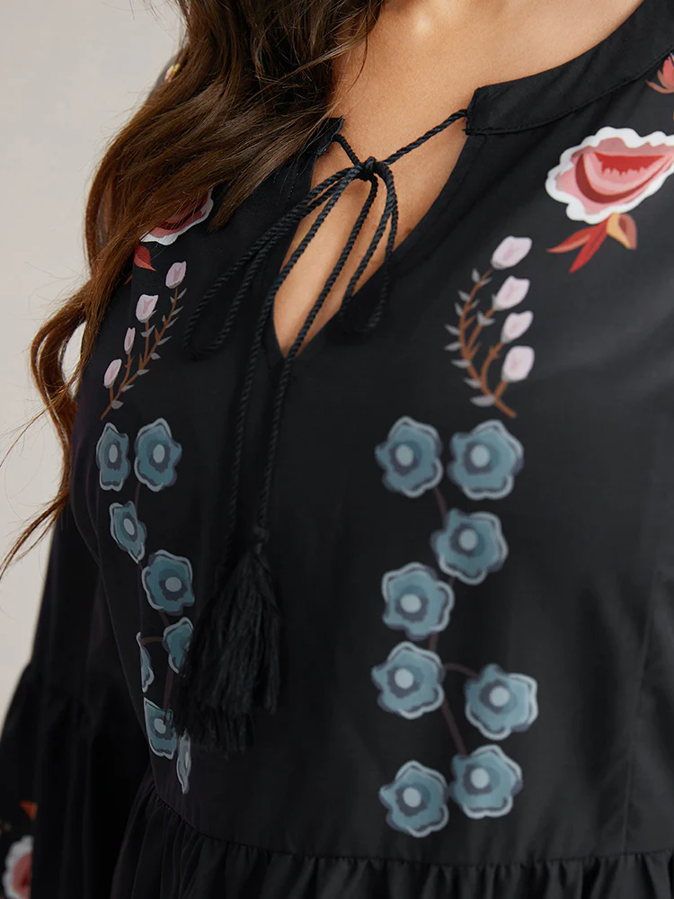 Floral Print Tassels Knot Neck Lantern Sleeve Blouse - Image 6