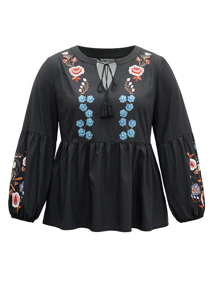 Floral Print Tassels Knot Neck Lantern Sleeve Blouse - Image 7