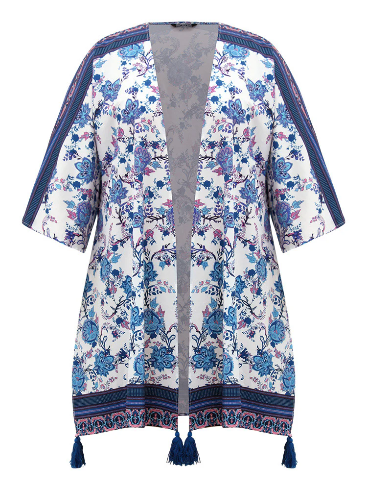 Floral Print Tassels Trim Split Side Kimono - Image 10