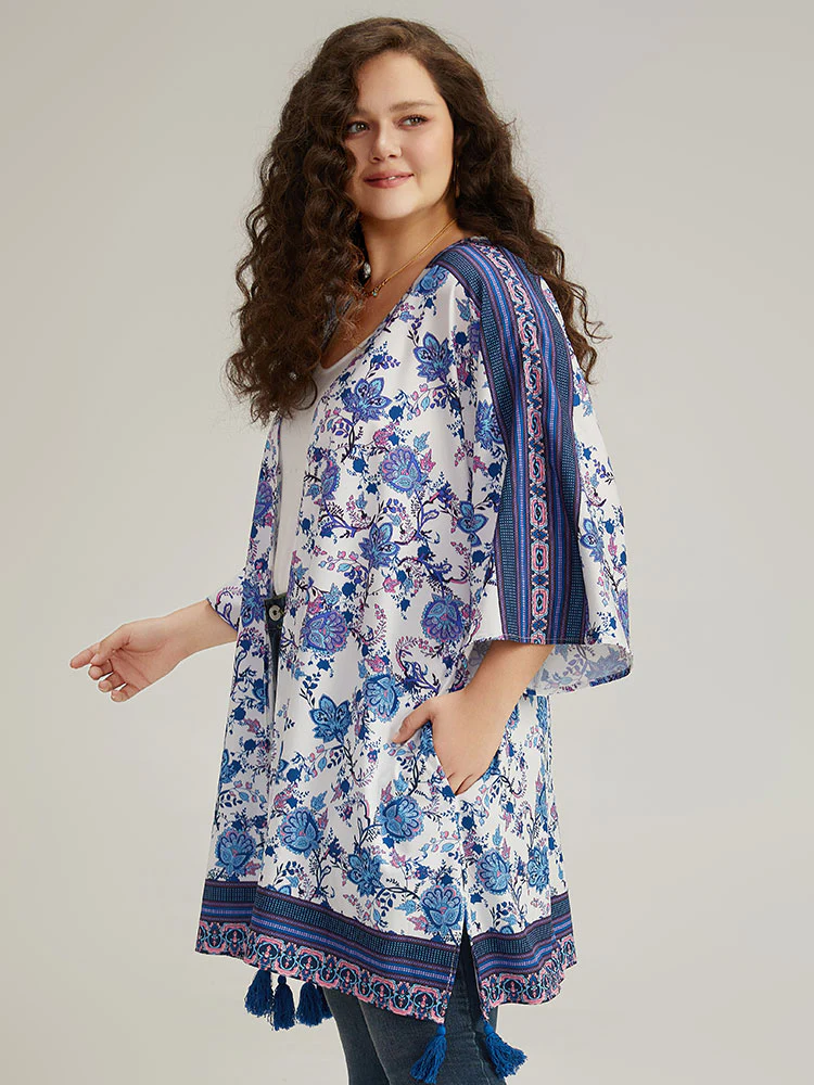 Floral Print Tassels Trim Split Side Kimono - Image 2